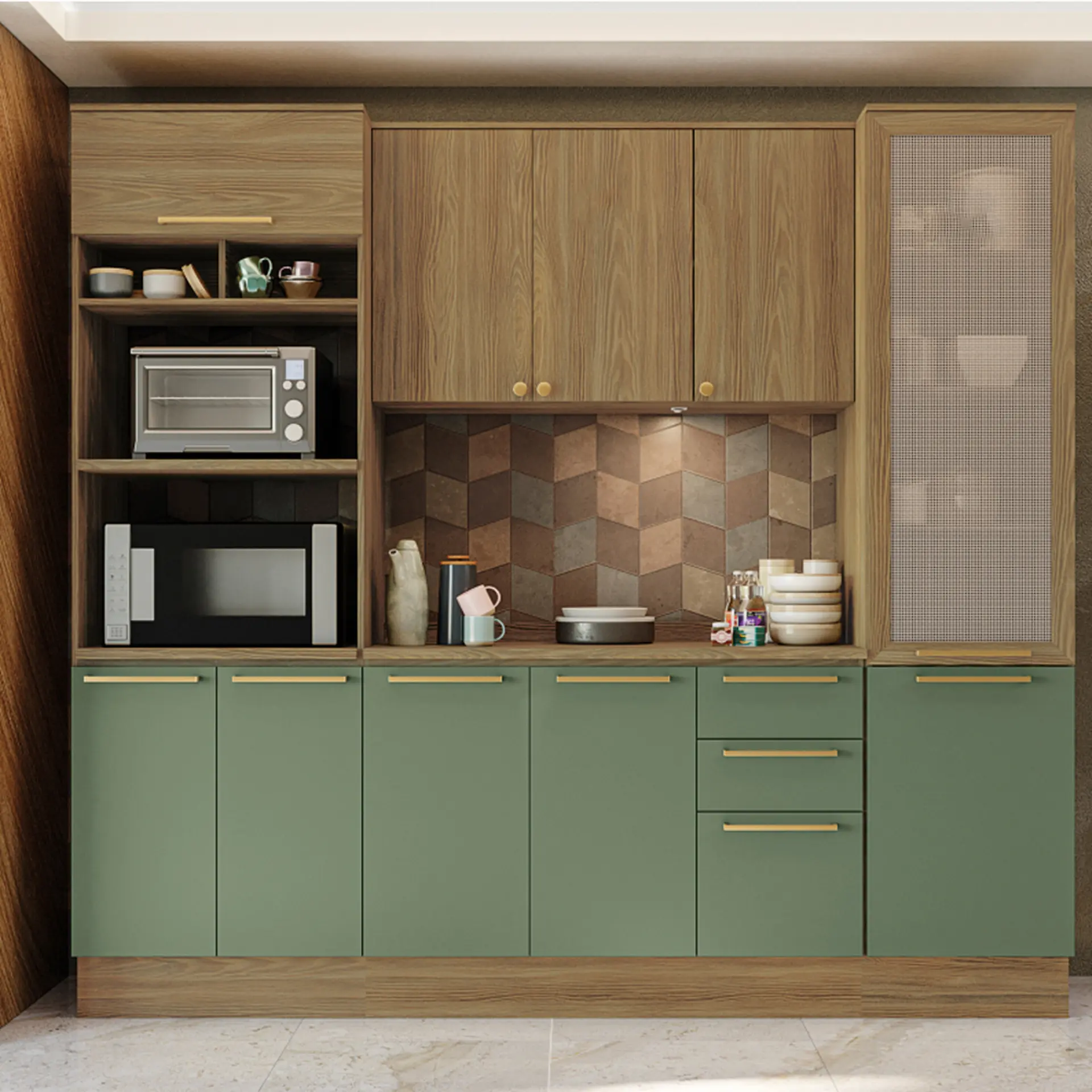 Cozinha Completa Modulada 4 Peças 10 Portas 3 Gavetas MDP Botanic Kappesberg - Nog. Fosco/Verde Oliva