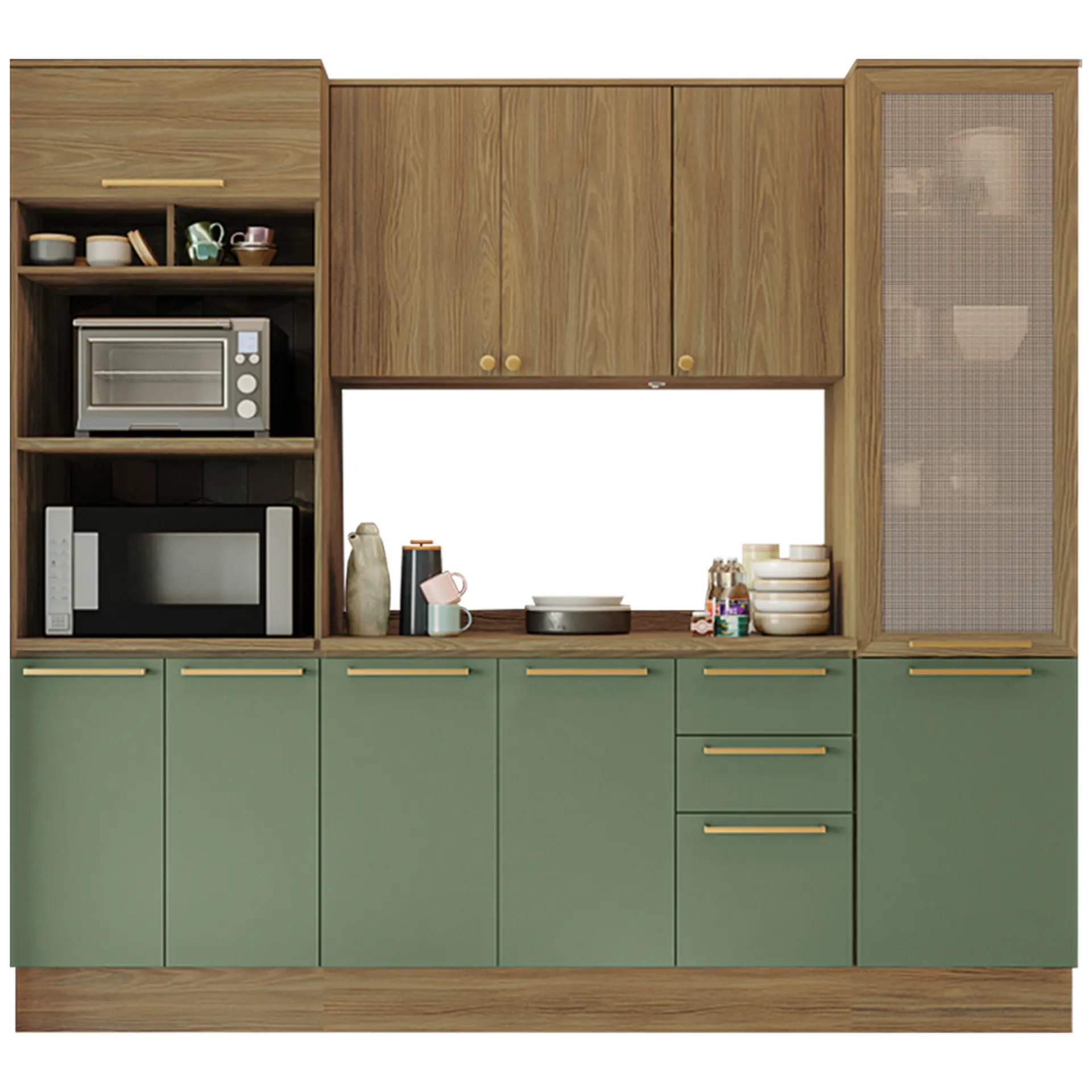 Cozinha Completa Modulada 4 Peças 10 Portas 3 Gavetas MDP Botanic Kappesberg - Nog. Fosco/Verde Oliva