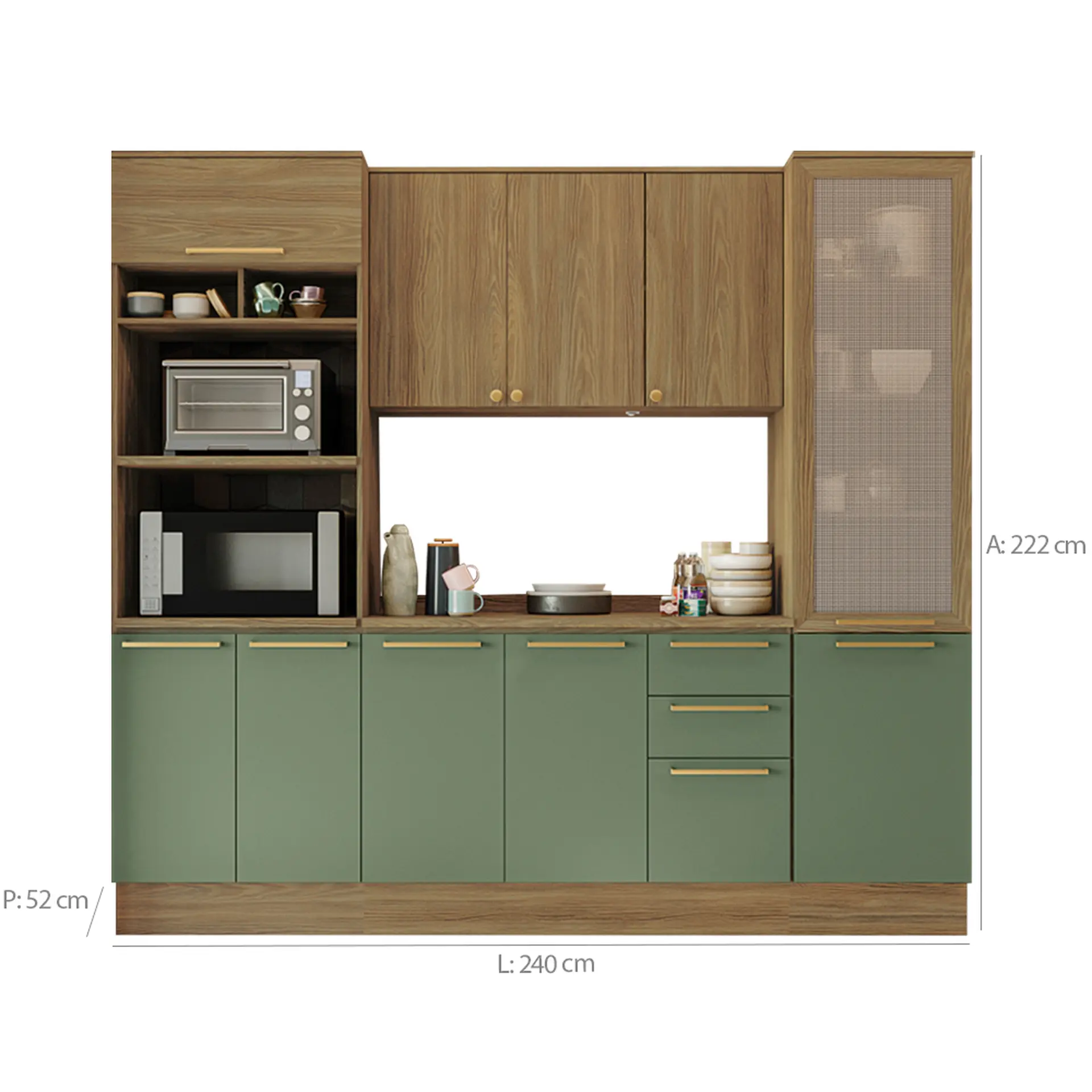 Cozinha Completa Modulada 4 Peças 10 Portas 3 Gavetas MDP Botanic Kappesberg - Nog. Fosco/Verde Oliva