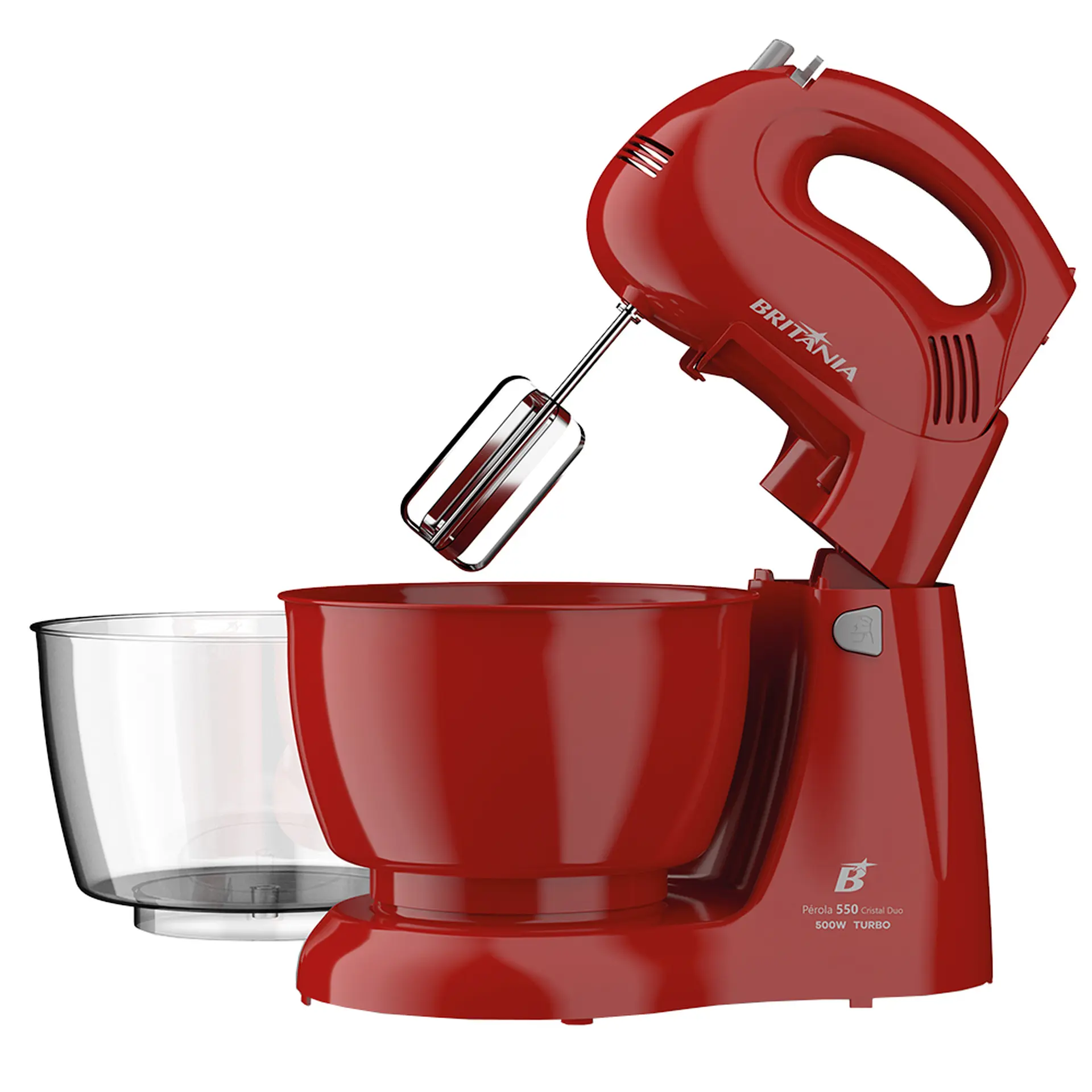 Batedeira Portátil Britânia Pérola Cristal Duo Turbo 500W 2 Tigelas - Vermelho - 110 Volts