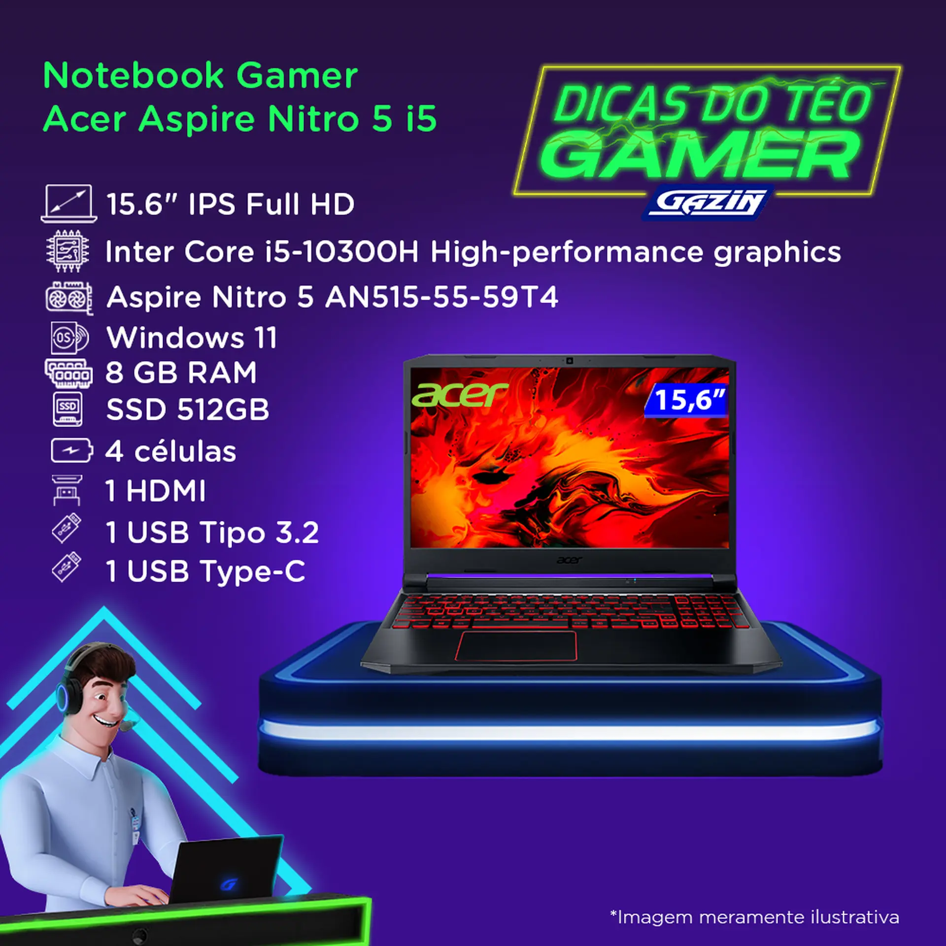 Notebook Gamer Acer Aspire Nitro 5 i5 W11 8GB 512GB SSD 15.6" AN515-55-59T4 - Preto - Bivolt