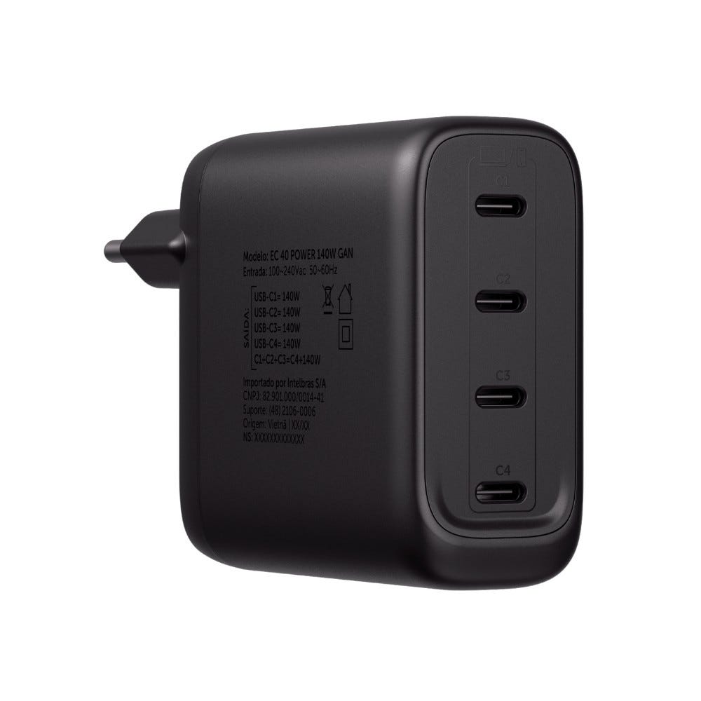 Carregador Ultra Rápido 4 Portas USB-C EC 40 POWER 140W GAN Preto Intelbras