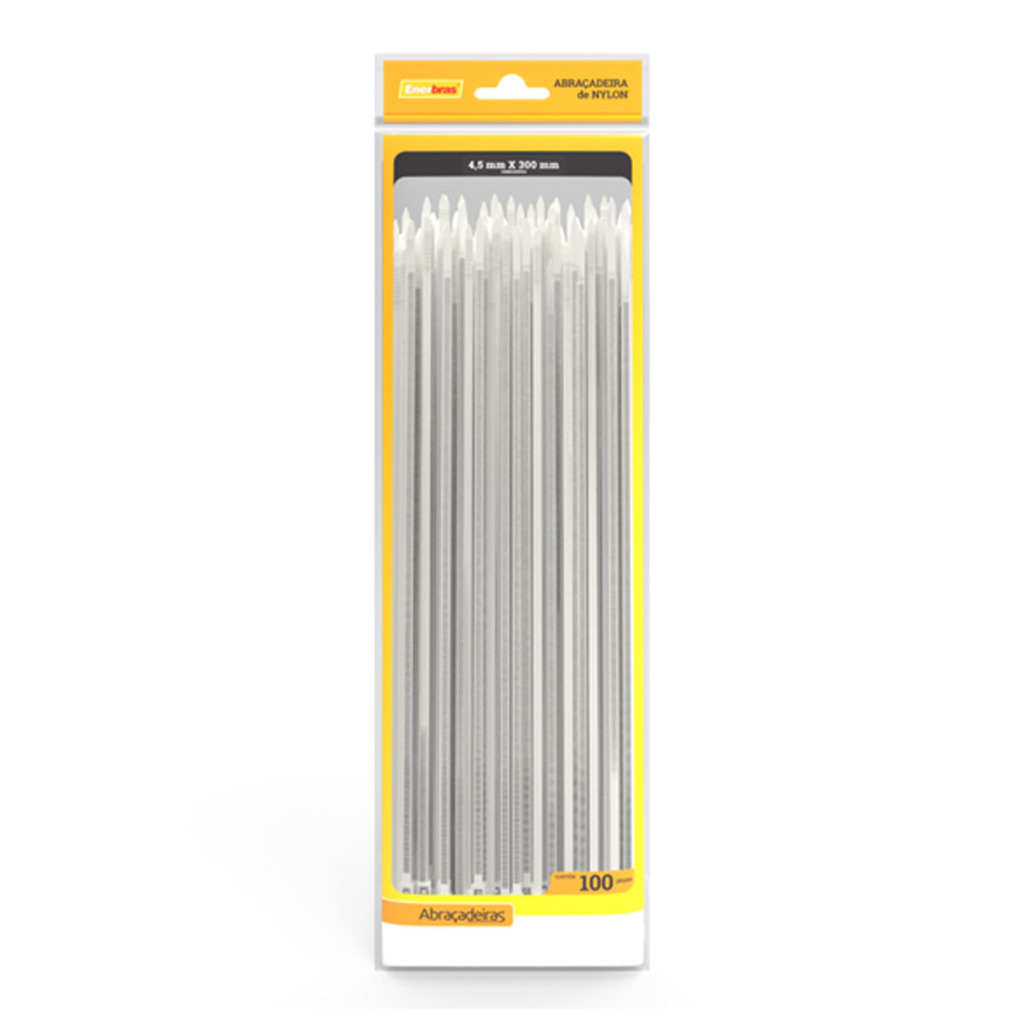 Abraçadeira Plástica Enerbras 4,5 x 300mm Branco A45-E300 - Pacote com 100 Unidades