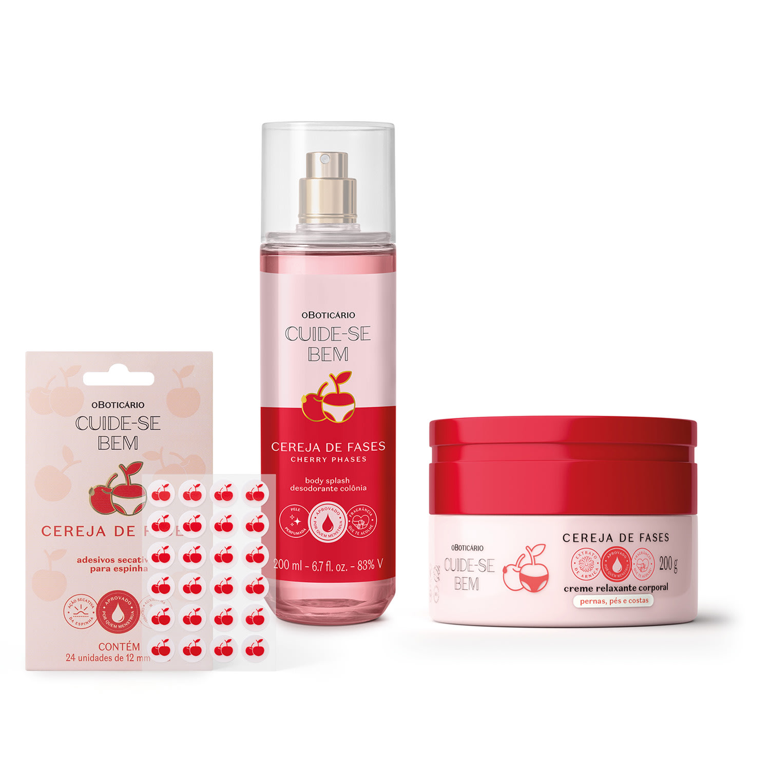 Combo Cuide-se Bem Cereja De Fases: Body Splash 200m + Creme Relaxante Corporal 200ml + Adesivos Secativos Para Espinha