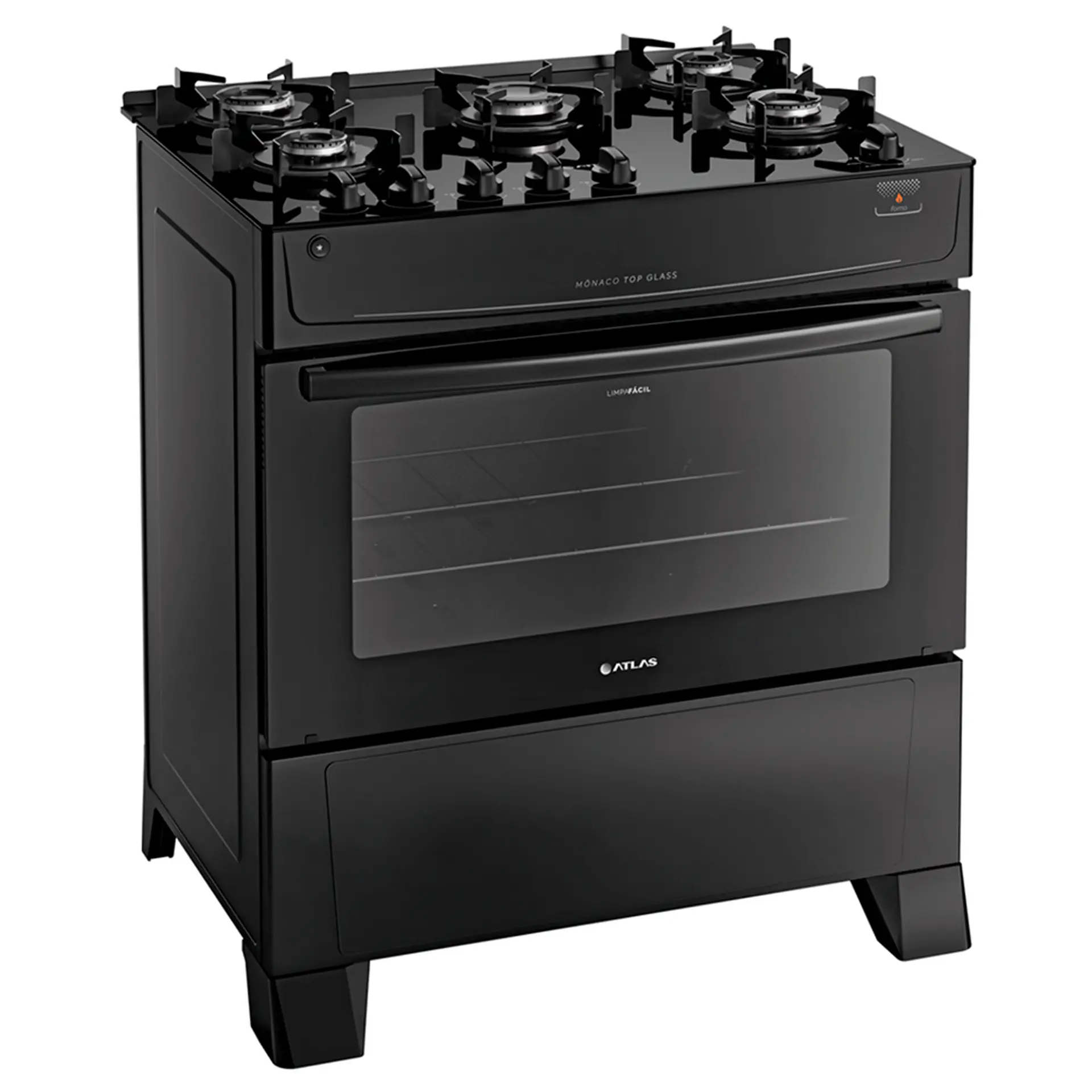 Fogão Atlas 5 Bocas Mônaco Top Glass Automático Mesa Vidro Forno 86,5L - Preto - Bivolt