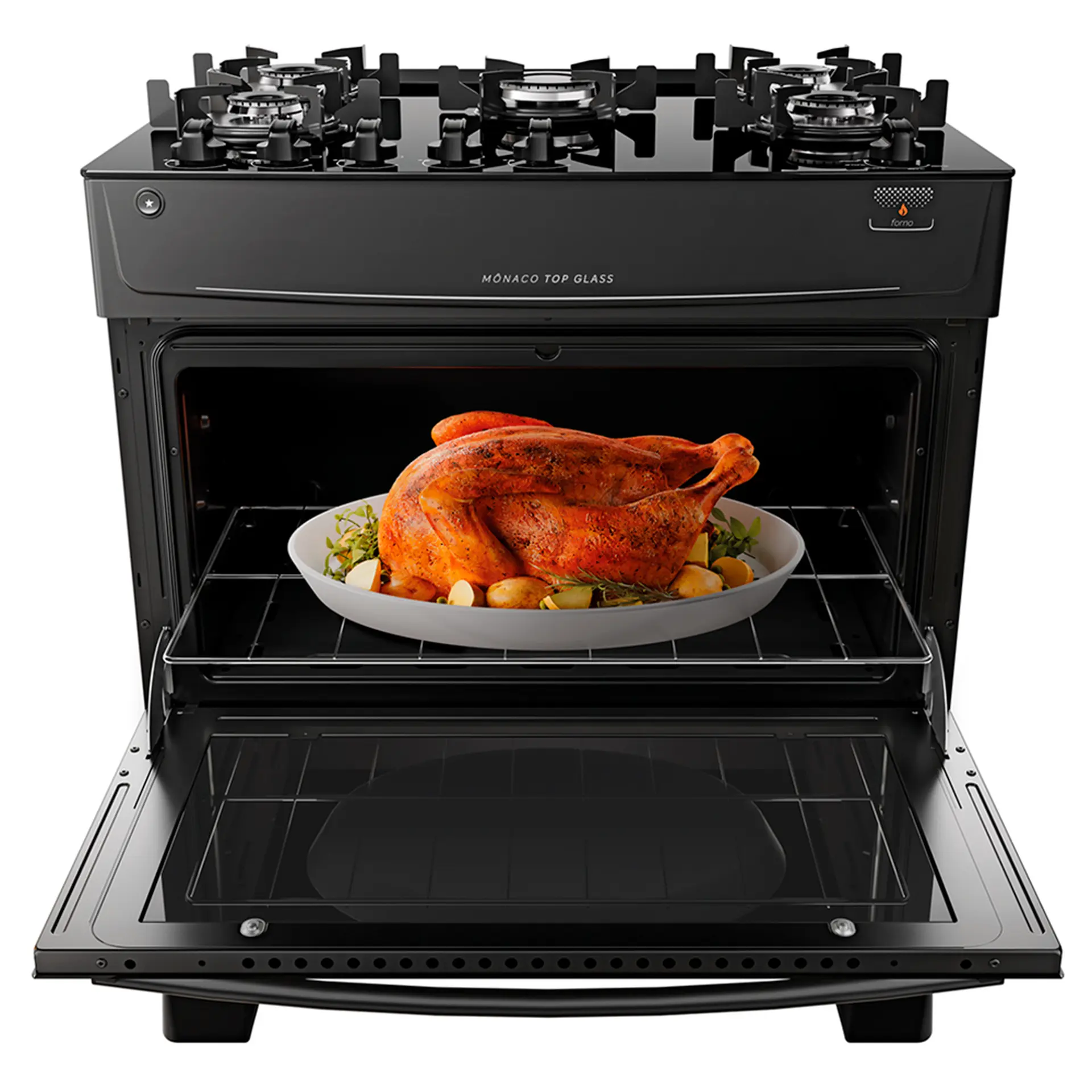 Fogão Atlas 5 Bocas Mônaco Top Glass Automático Mesa Vidro Forno 86,5L - Preto - Bivolt