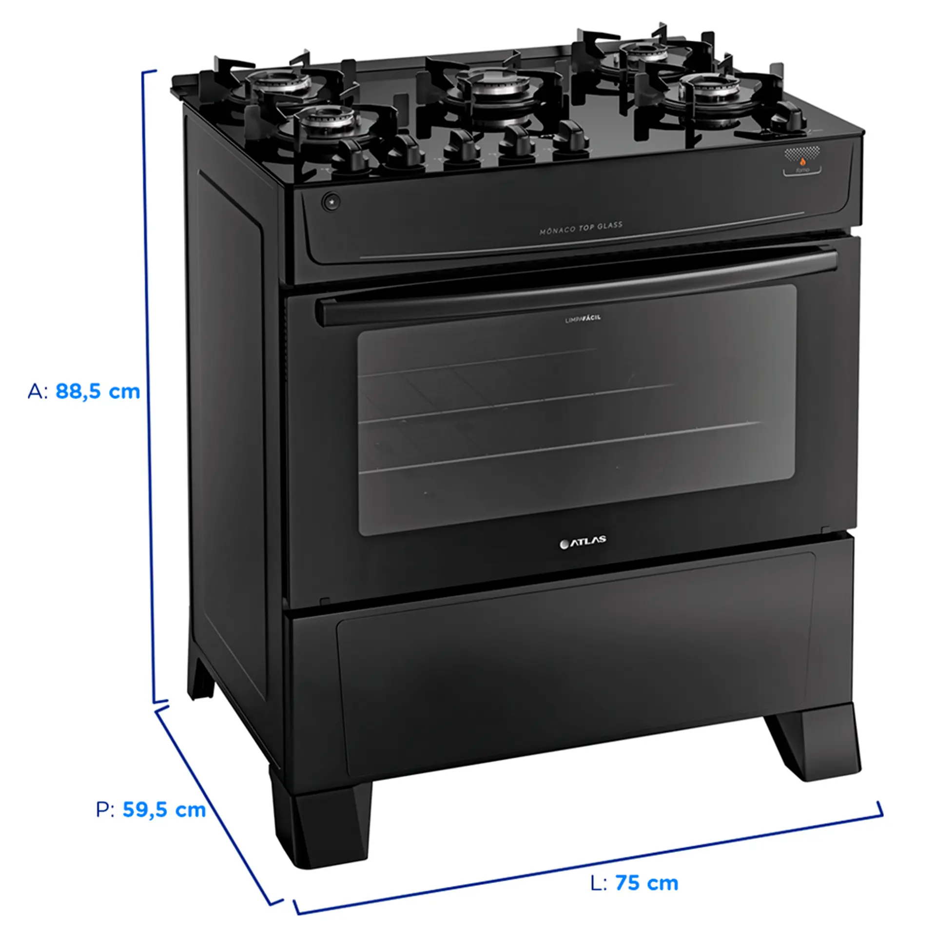 Fogão Atlas 5 Bocas Mônaco Top Glass Automático Mesa Vidro Forno 86,5L - Preto - Bivolt