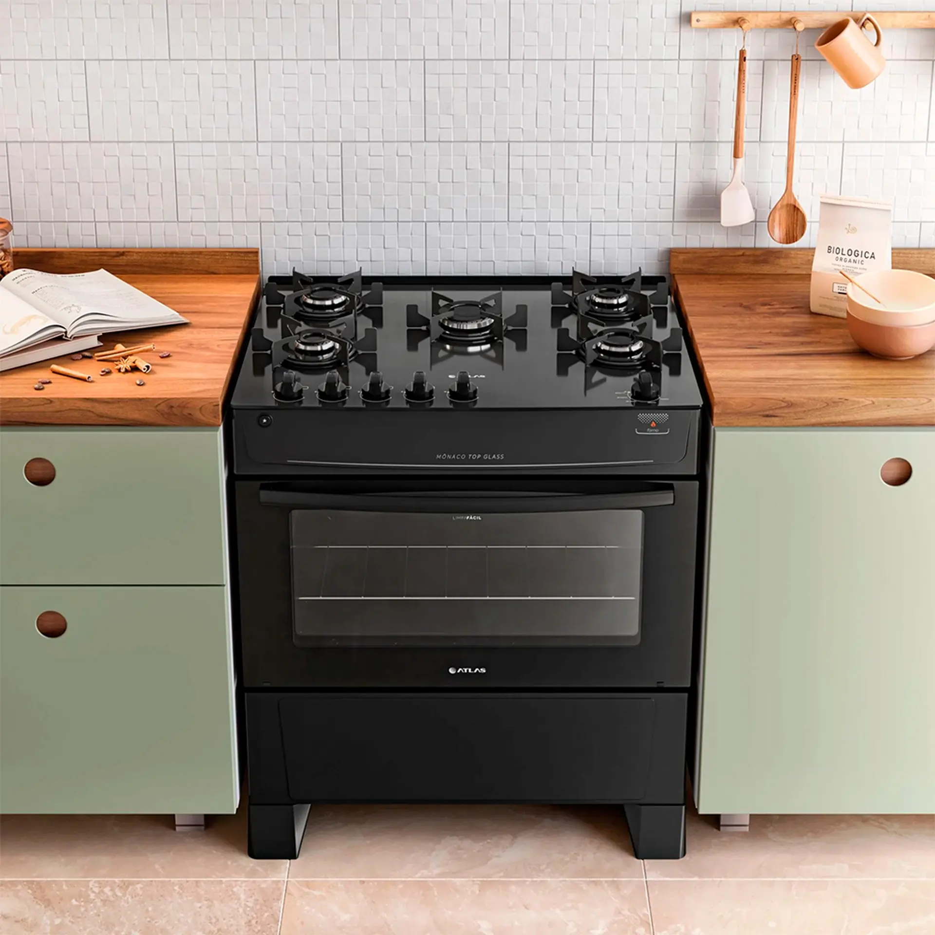 Fogão Atlas 5 Bocas Mônaco Top Glass Automático Mesa Vidro Forno 86,5L - Preto - Bivolt