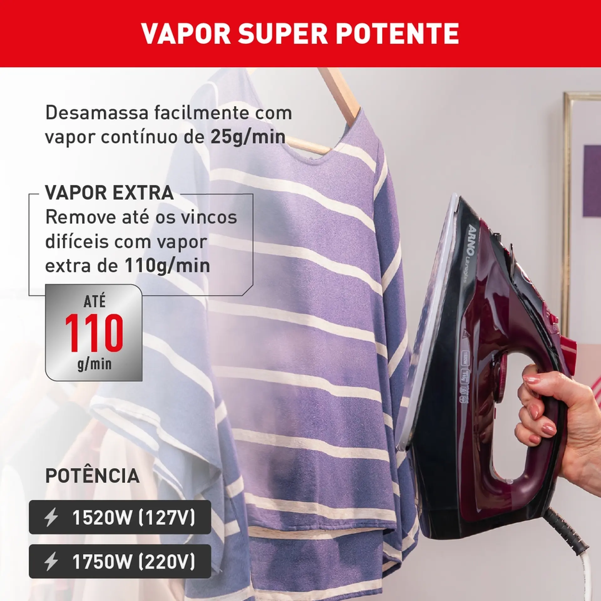 Ferro de Passar a Vapor Arno Ultragliss Base Durilium Airglide FMV 1520W - Vinho - 110 Volts