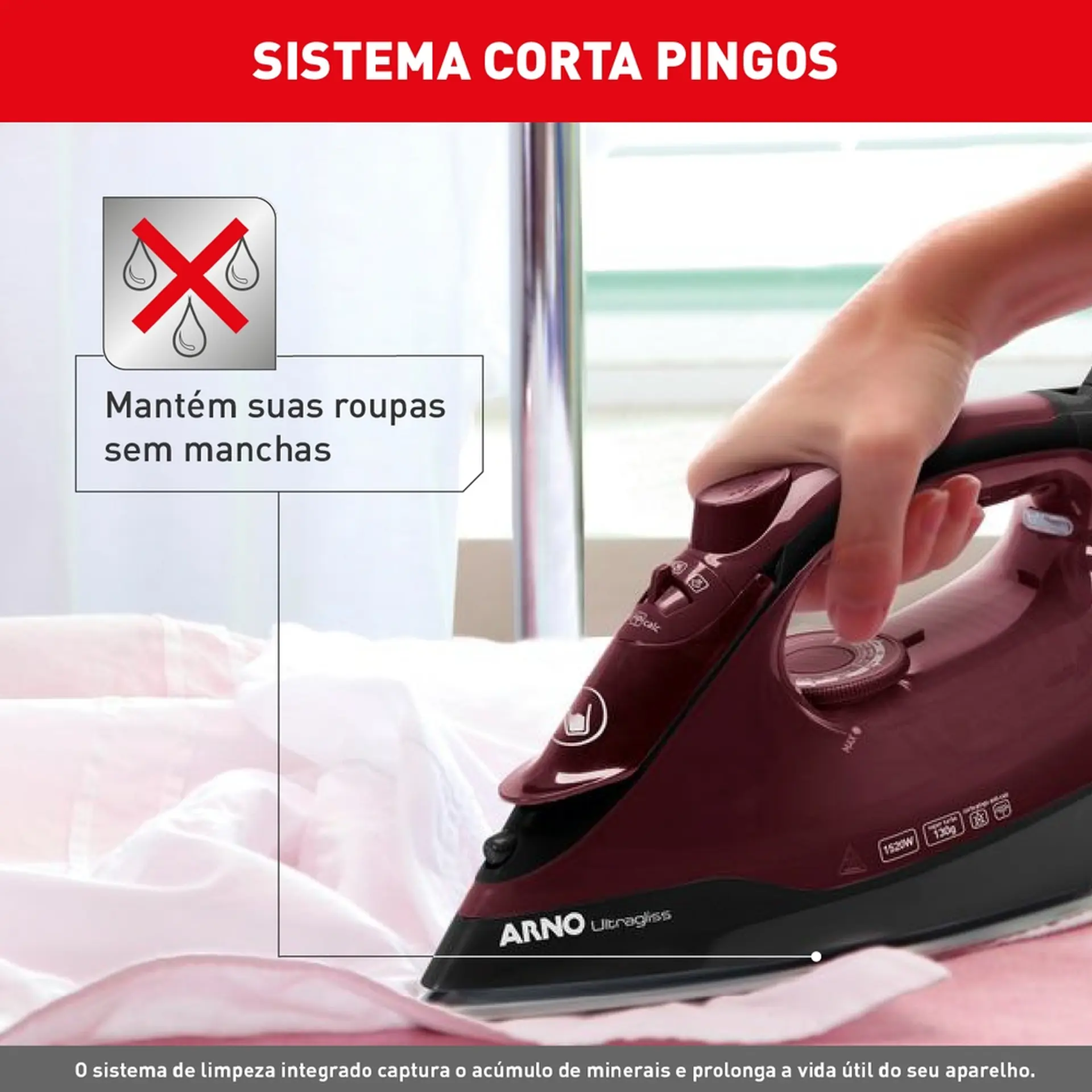 Ferro de Passar a Vapor Arno Ultragliss Base Durilium Airglide FMV 1520W - Vinho - 110 Volts