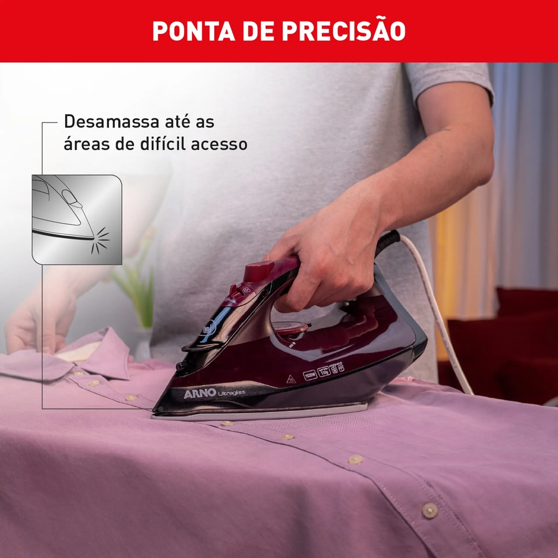 Ferro de Passar a Vapor Arno Ultragliss Base Durilium Airglide FMV 1520W - Vinho - 110 Volts