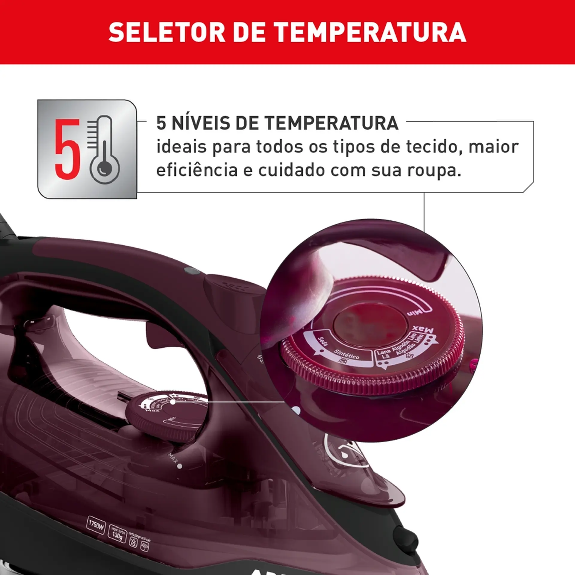 Ferro de Passar a Vapor Arno Ultragliss Base Durilium Airglide FMV 1520W - Vinho - 110 Volts