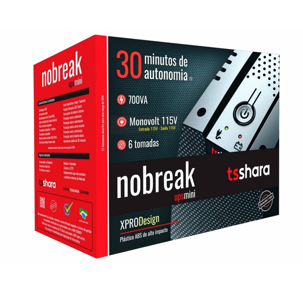 No-Break TS Shara 700VA Entrada 115V e Saída 115V Mini 1 Bateria 6 Tomadas - 4542