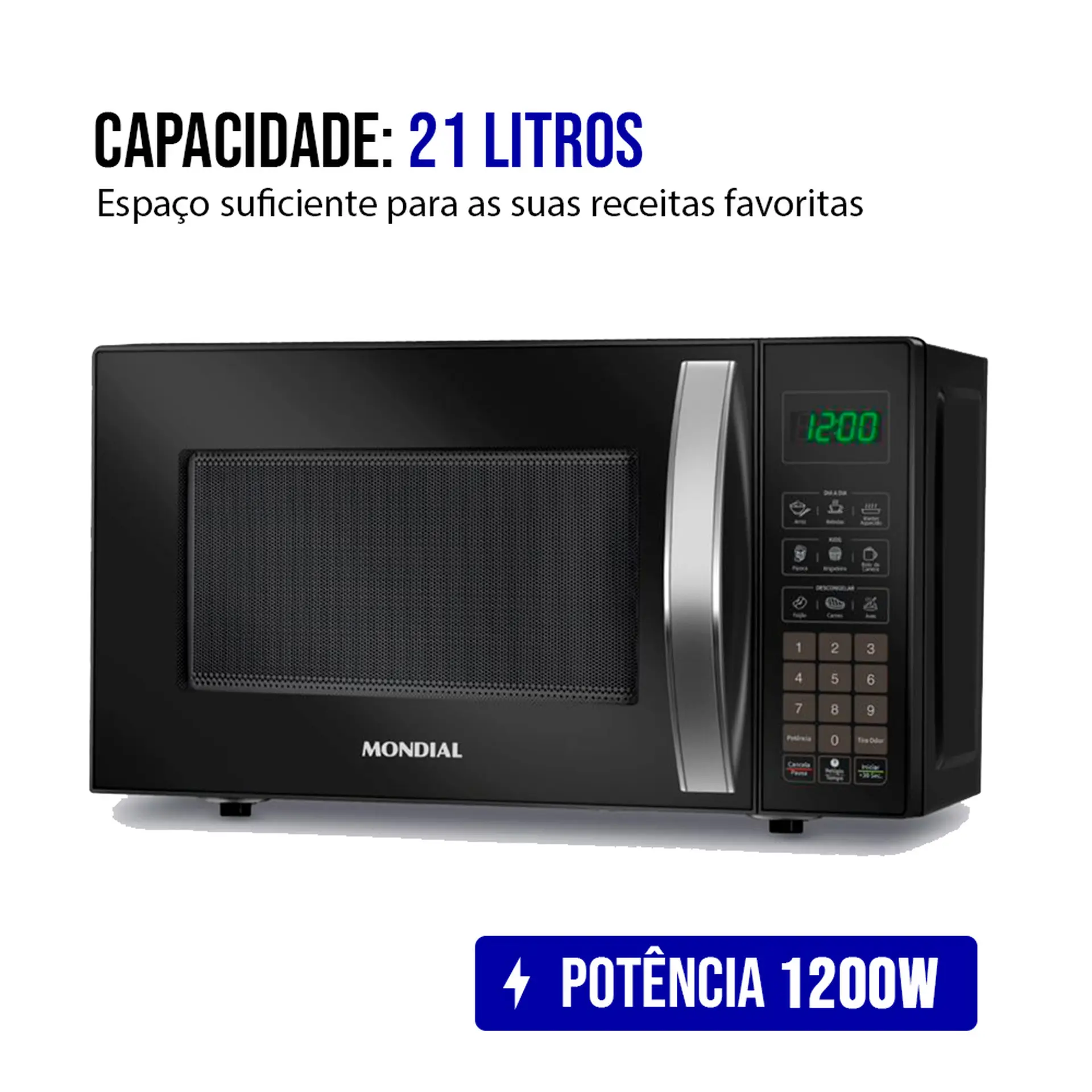 Micro-ondas de Bancada Mondial 21L 1200W Menu Dia a Dia MO-01-21 - Preto - 110 Volts