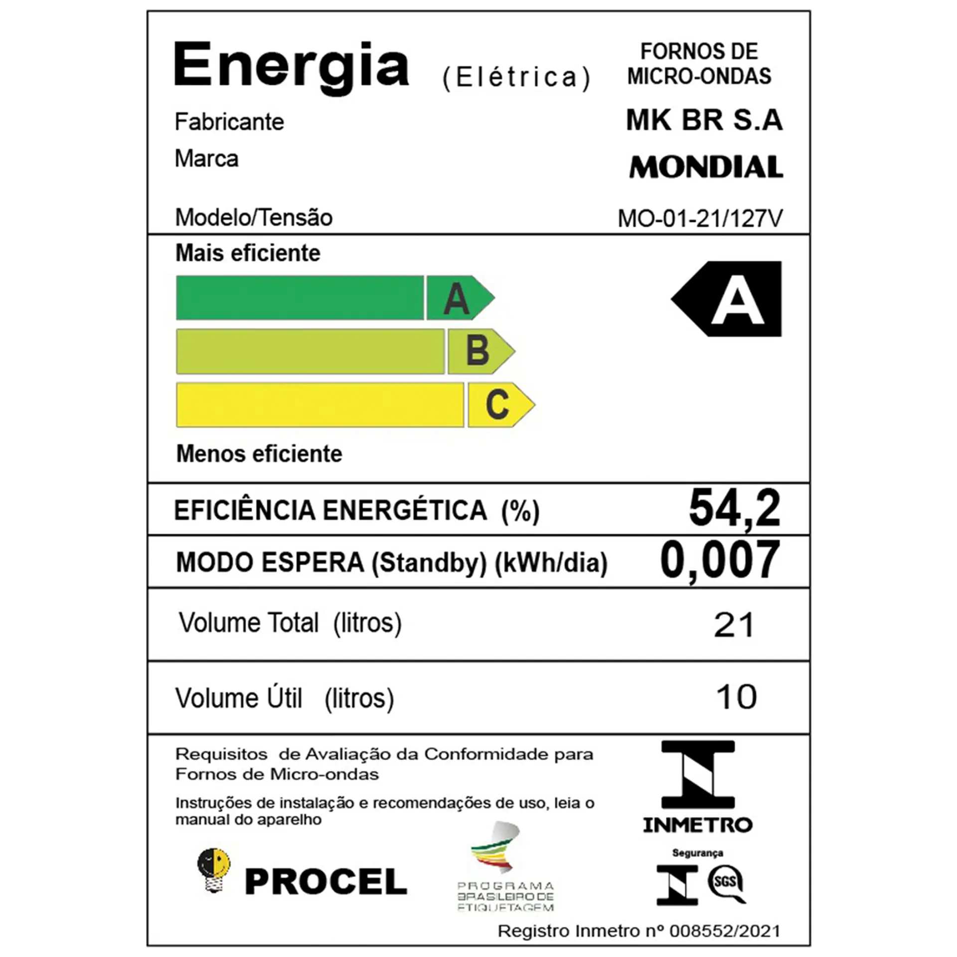Micro-ondas de Bancada Mondial 21L 1200W Menu Dia a Dia MO-01-21 - Preto - 110 Volts