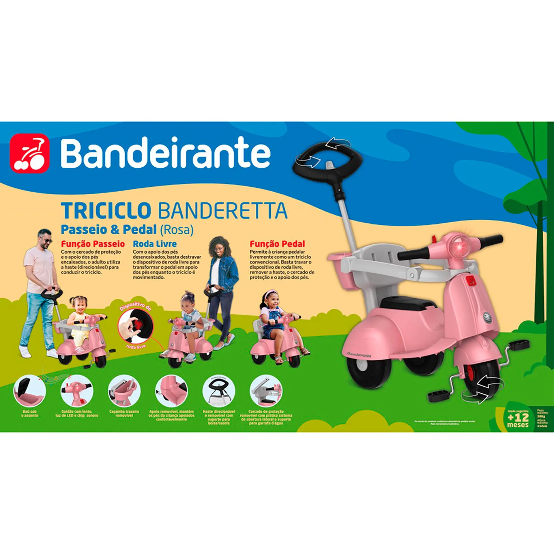 Triciclo Infantil 2 em 1 com Suporte para Garrafa Banderetta Bandeirante - Rosa