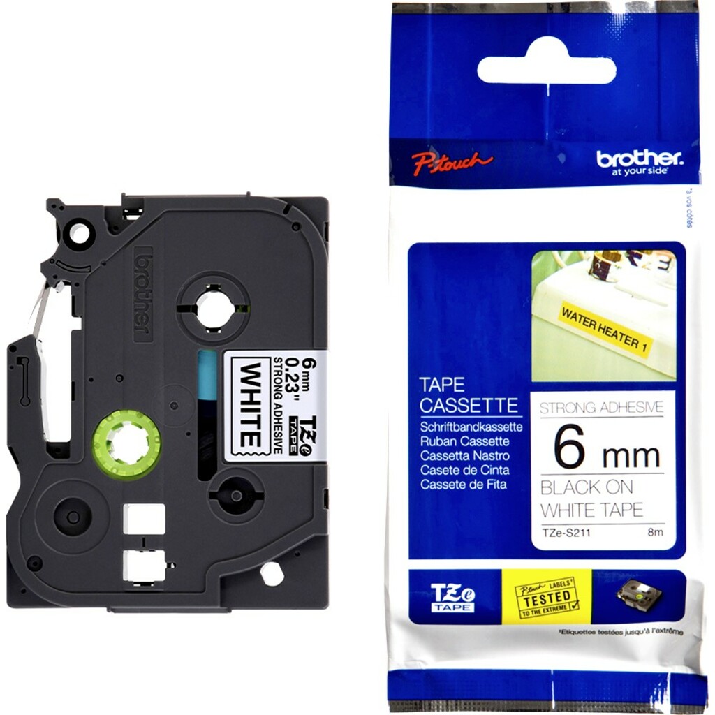 Fita Rotuladora Brother TZe-S211 Original 6 mm 8 Metros Preto no Branco - TZe-S211
