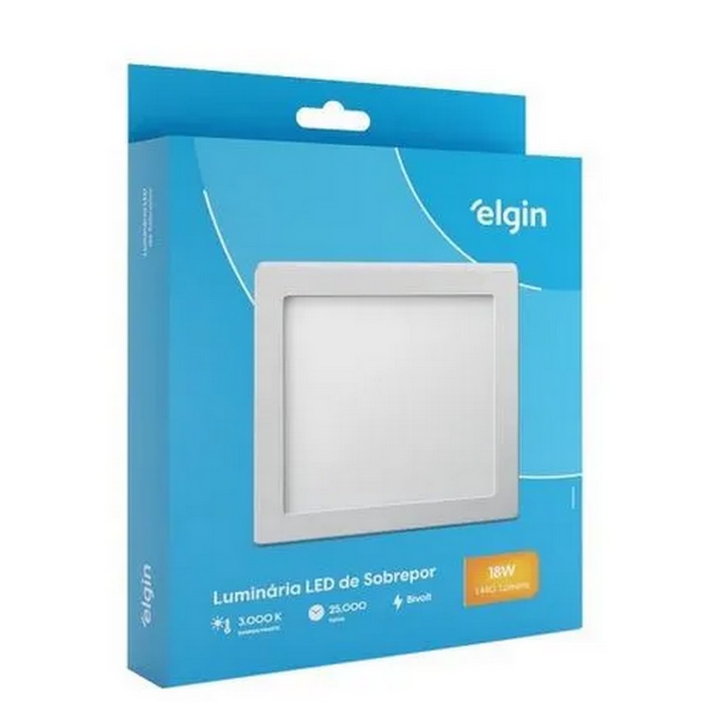 Luminária Plafon 18W LED 3000K Quadrado 225 x 225 x 38mm Sobrepor Bivolt Elgin 48D18WSQM0E0