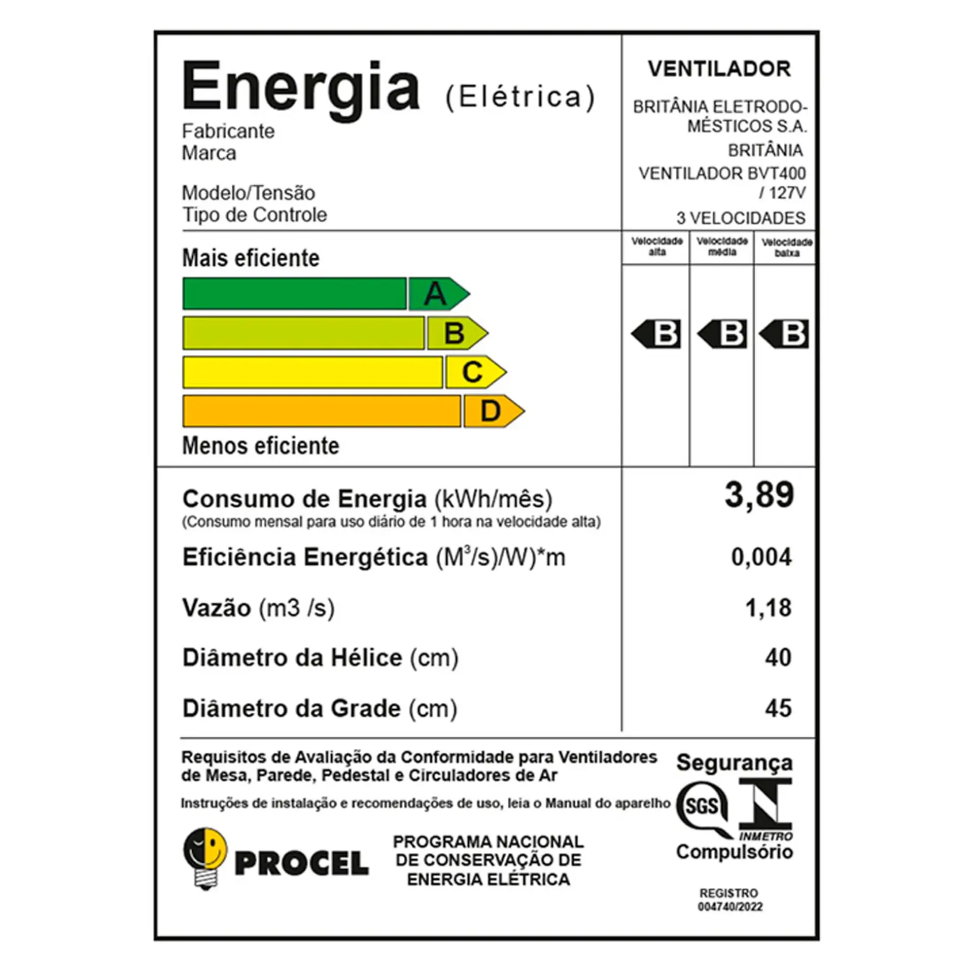 Ventilador de Mesa Britânia Maxx Force 40cm 3 Velocidades BVT400 - Preto - 110 Volts