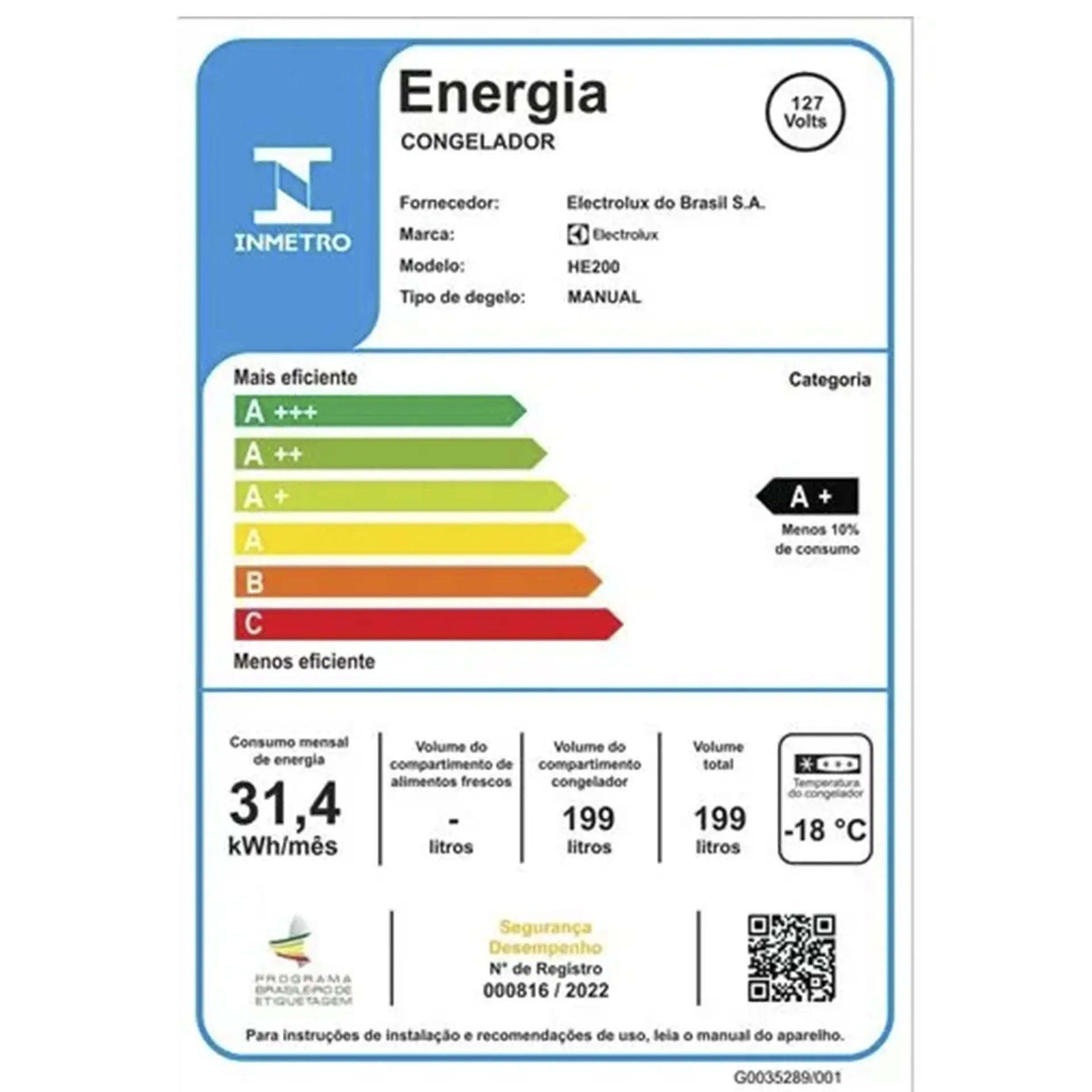 Freezer Electrolux 199L 1 Porta Horizontal Cycle Defrost HE200 - Branco - 110 Volts