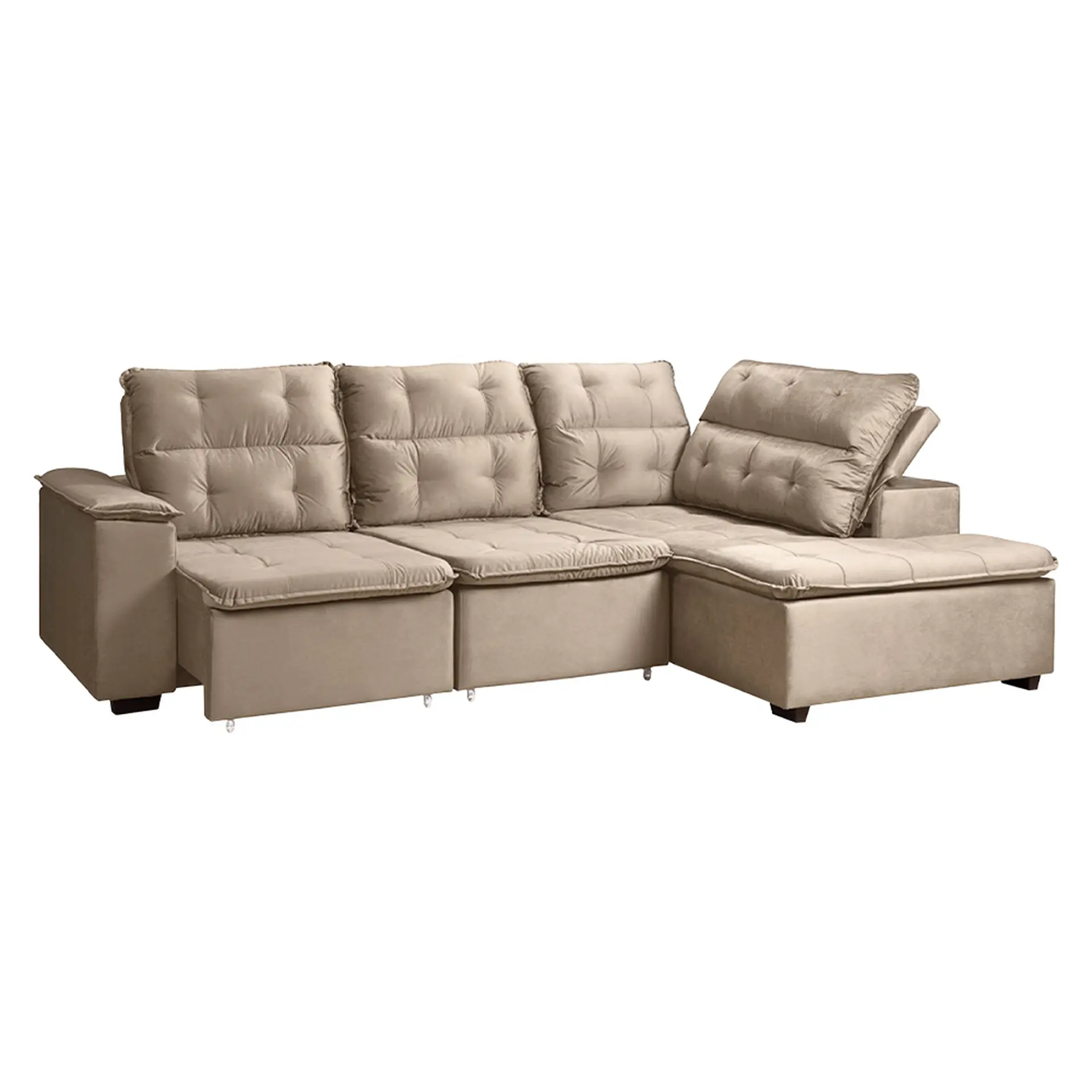 Sofá de Canto Retrátil e Reclinável com Chaise 3 Lugares Takei Viviane - Marrom Claro - Veludo