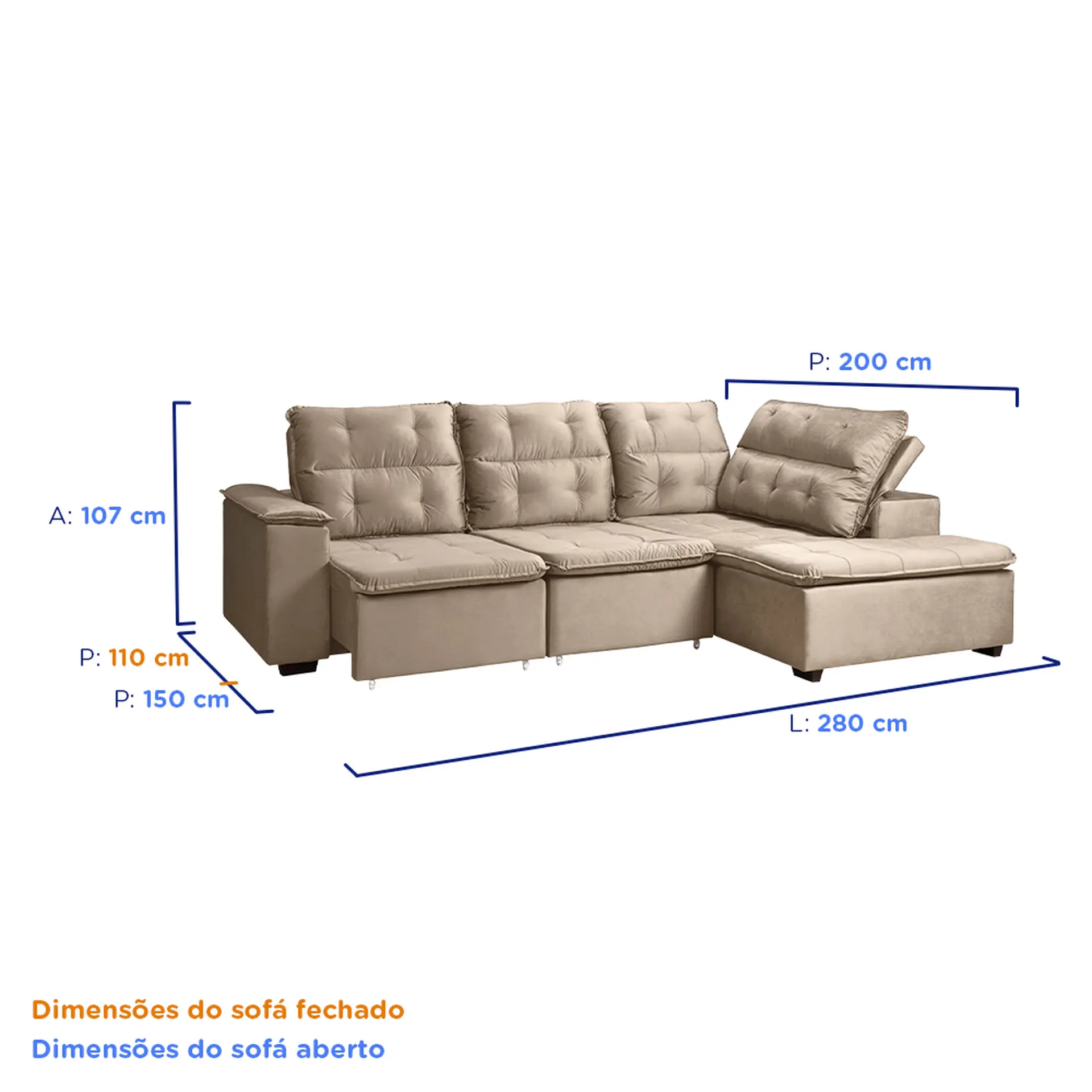 Sofá de Canto Retrátil e Reclinável com Chaise 3 Lugares Takei Viviane - Marrom Claro - Veludo