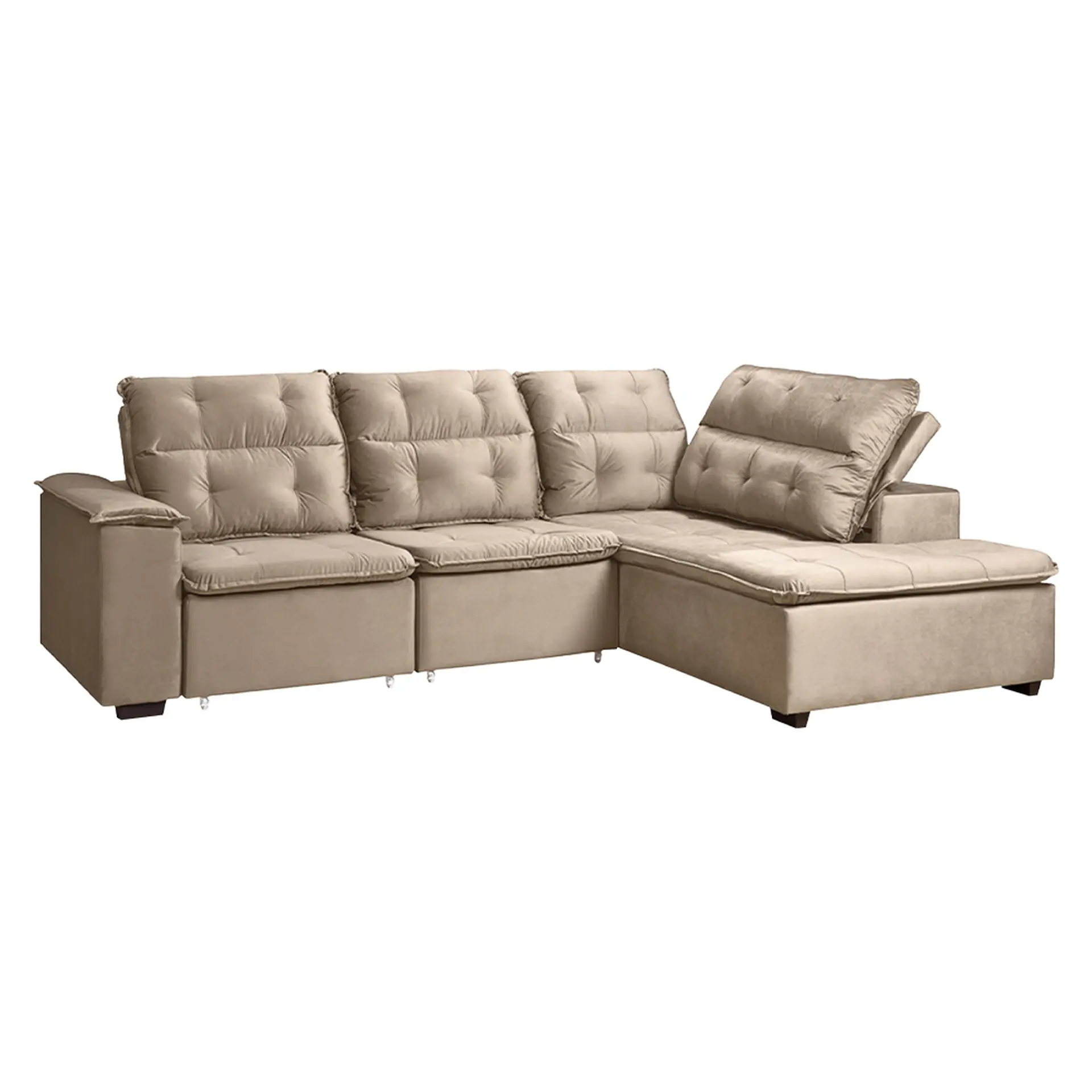 Sofá de Canto Retrátil e Reclinável com Chaise 3 Lugares Takei Viviane - Marrom Claro - Veludo