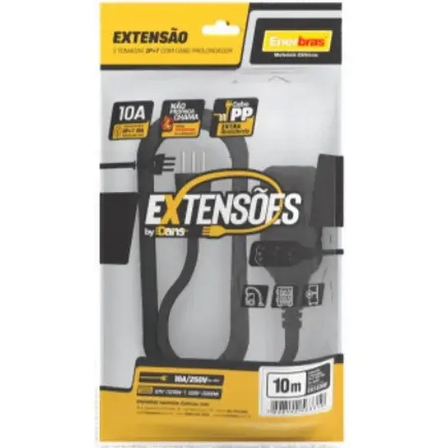 Cabo de Extensão 3 Tomadas Enerbras 10A 10m Tripolar Preto EXTE008