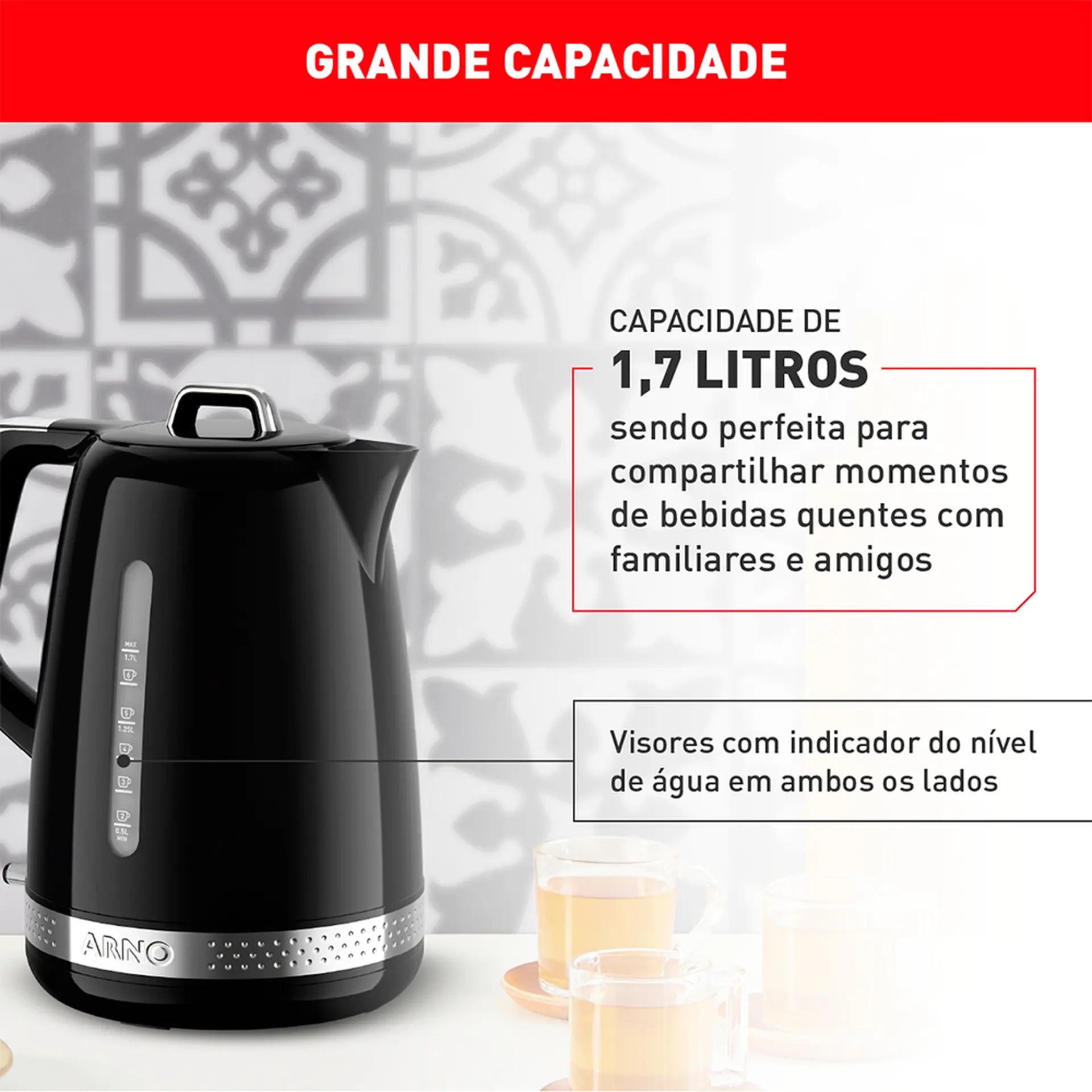 Chaleira Elétrica Arno Soleil 1,7L 1500W - Preto - 110 Volts