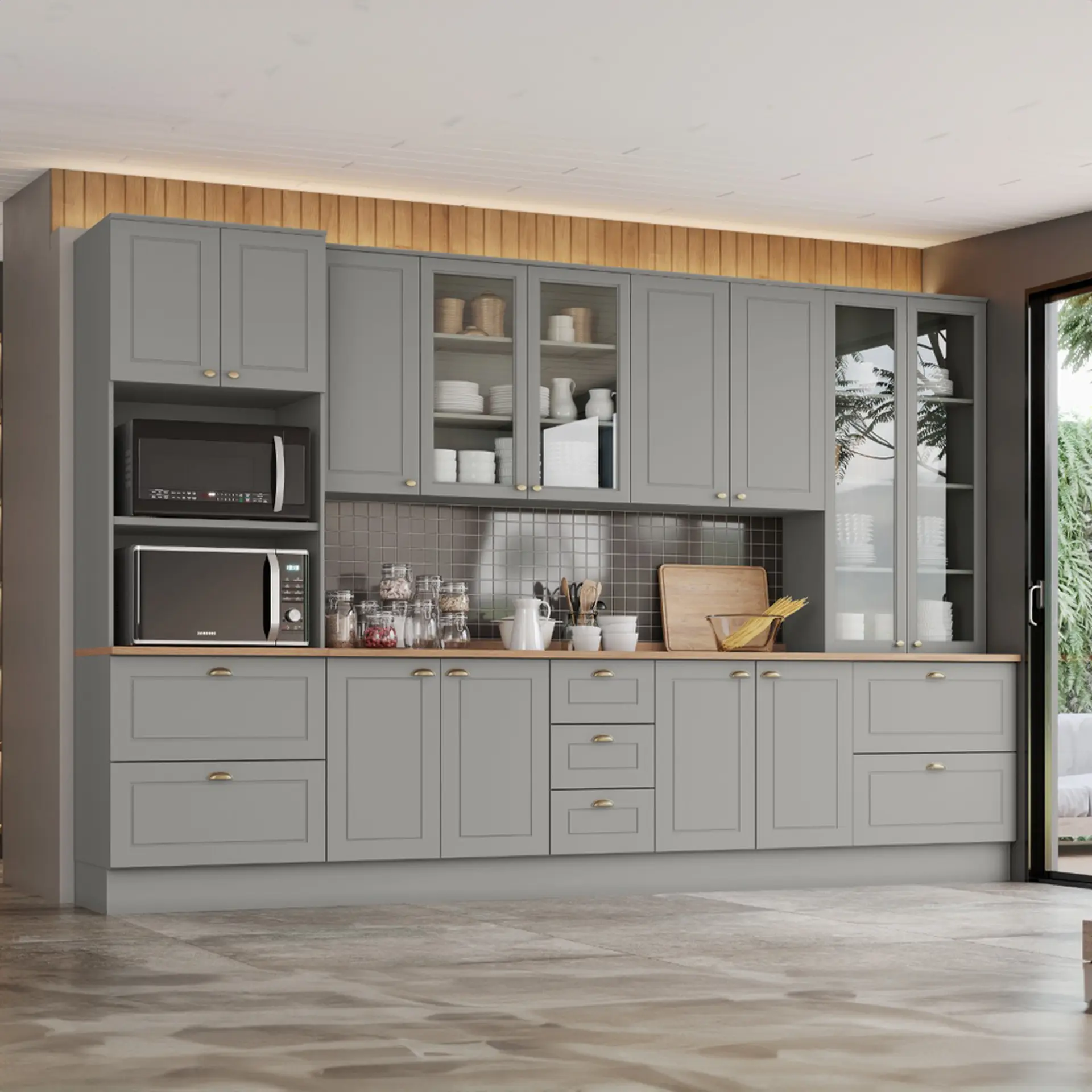Cozinha Modulada 6 Peças 13 Portas 7 Gavetas Americana Henn - Cinza
