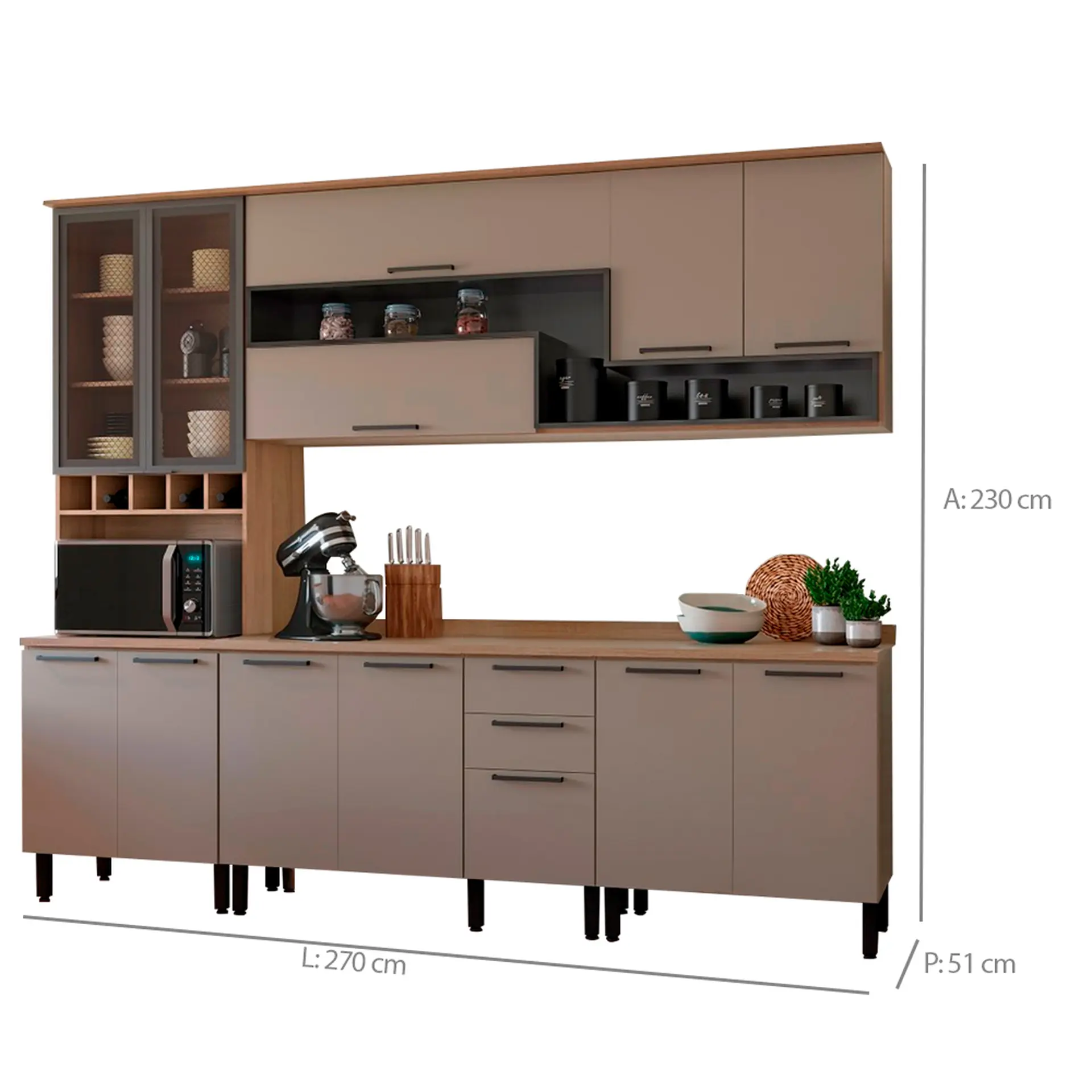 Cozinha Completa Modulada 5 Peças 12 Portas 3 Gavetas em MDP Caiena Telasul - Mel/Fume