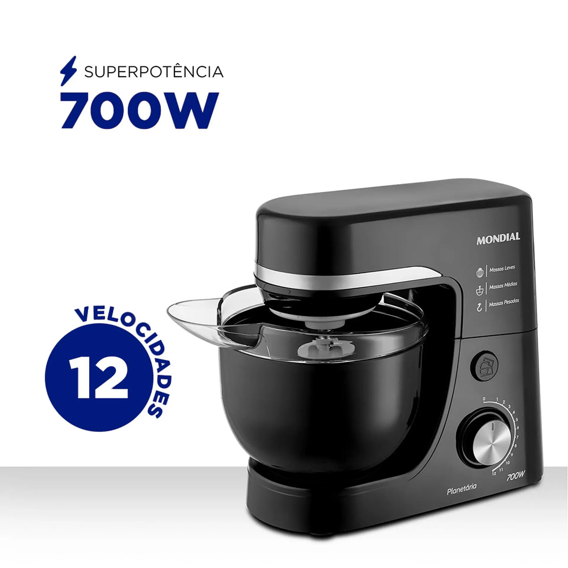 Batedeira Planetária Mondial BP03-B com 12 Velocidades 700W Tigela 4,5L - Preto - 220 Volts