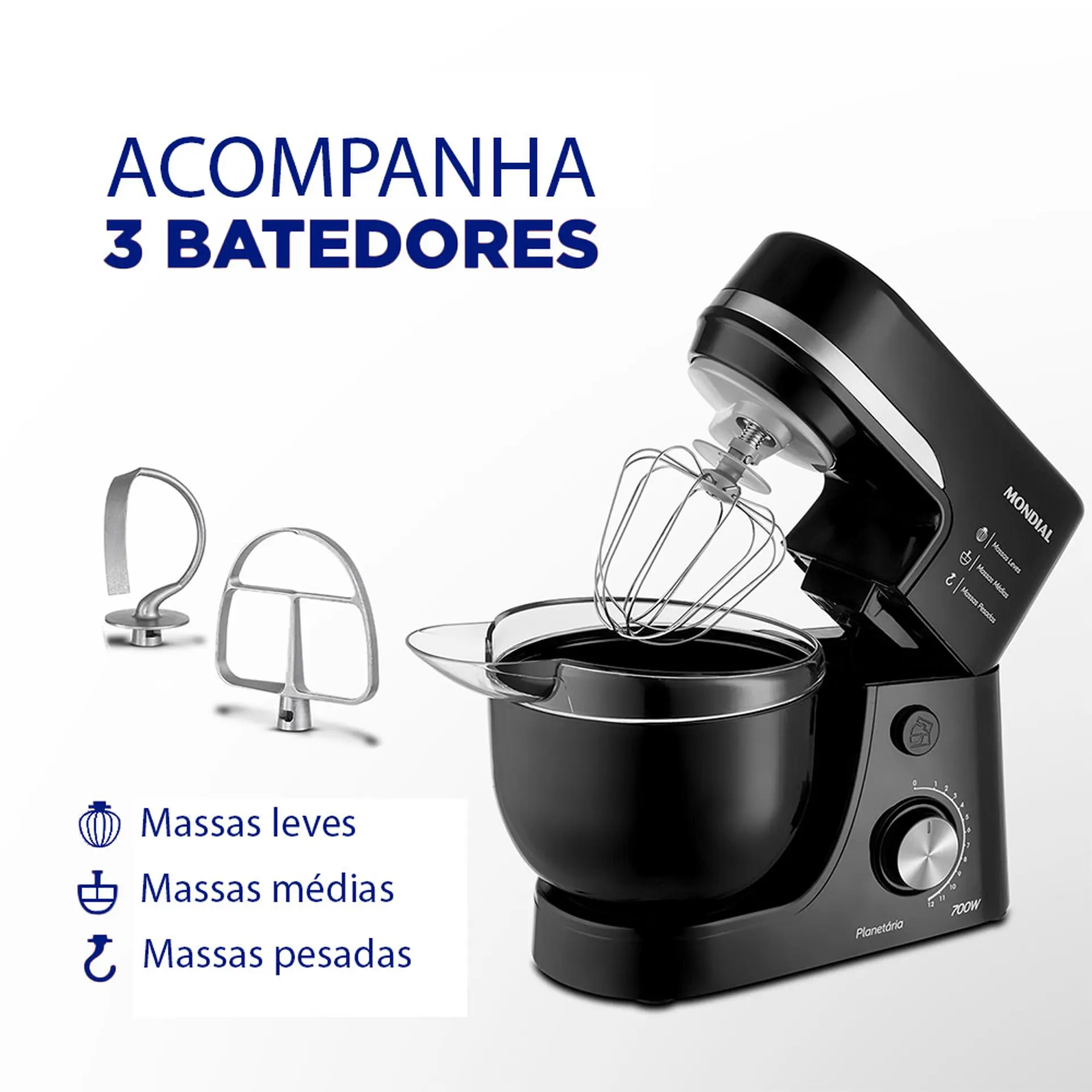 Batedeira Planetária Mondial BP03-B com 12 Velocidades 700W Tigela 4,5L - Preto - 220 Volts
