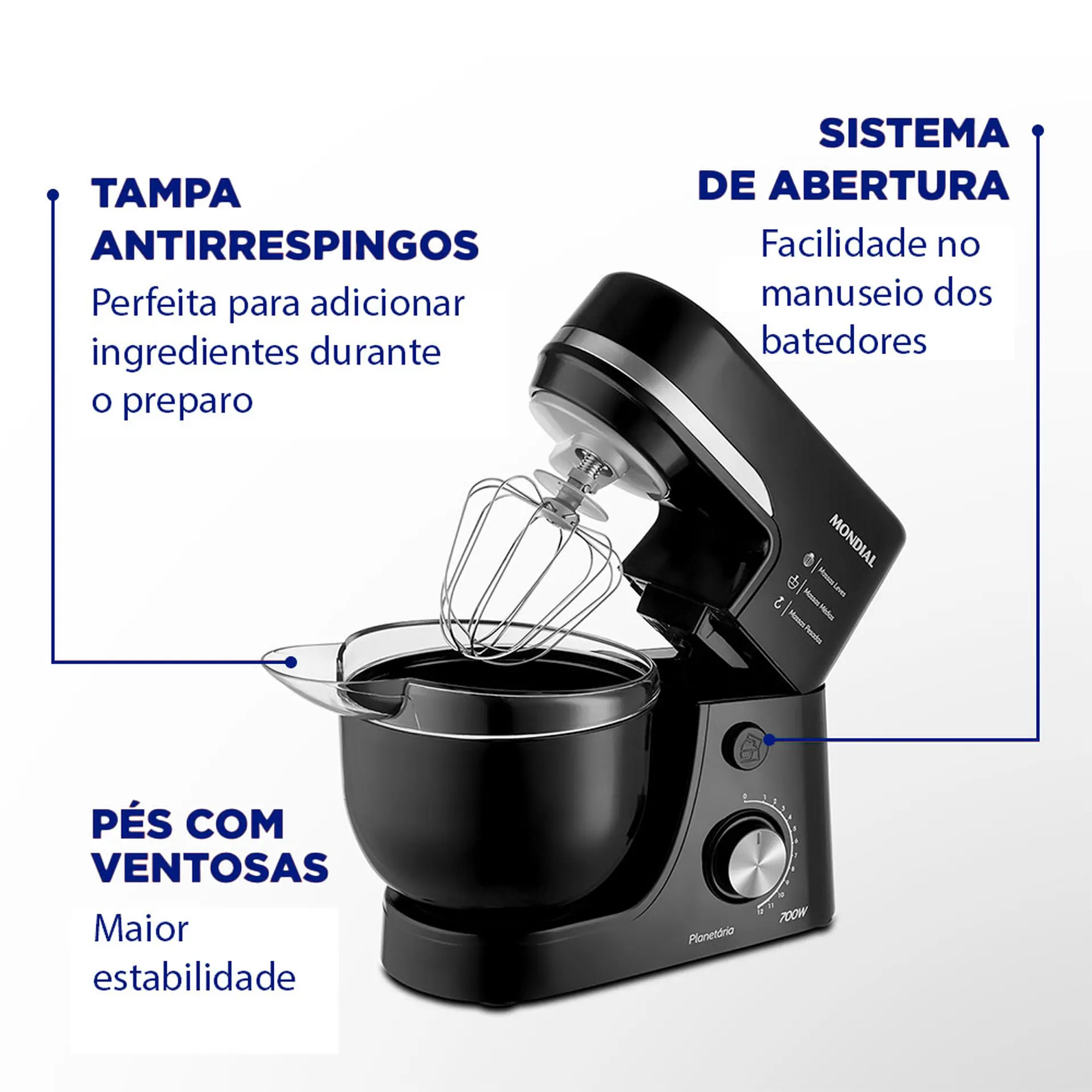 Batedeira Planetária Mondial BP03-B com 12 Velocidades 700W Tigela 4,5L - Preto - 220 Volts