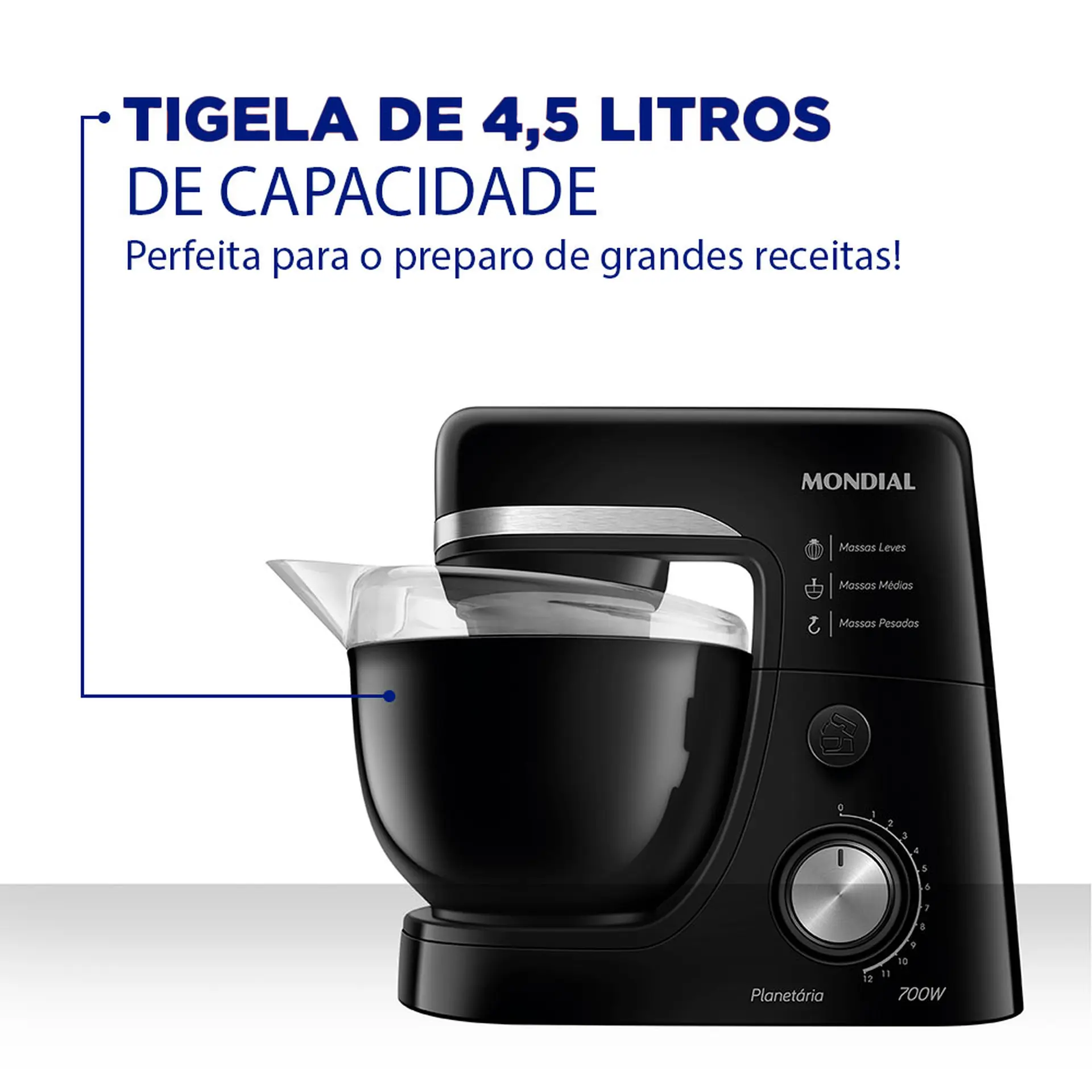 Batedeira Planetária Mondial BP03-B com 12 Velocidades 700W Tigela 4,5L - Preto - 220 Volts