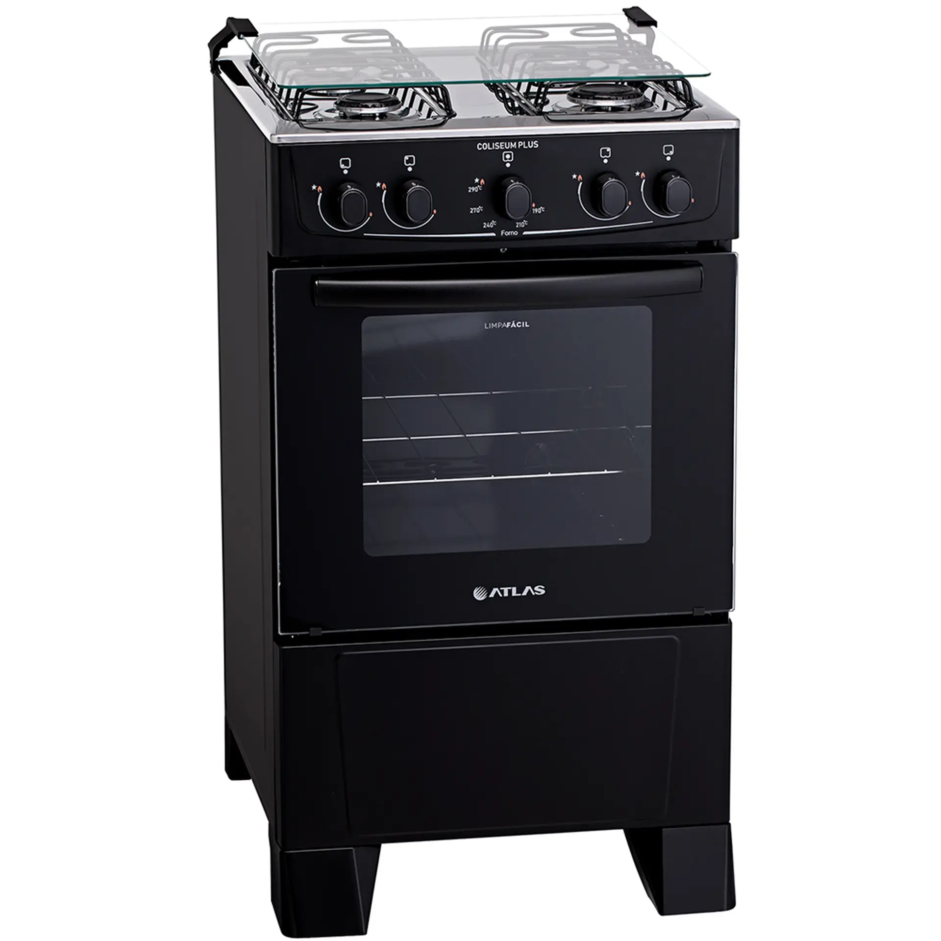 Fogão Atlas Coliseum Plus 4 Bocas Acendimento Manual Mesa de Inox Forno 50L - Preto
