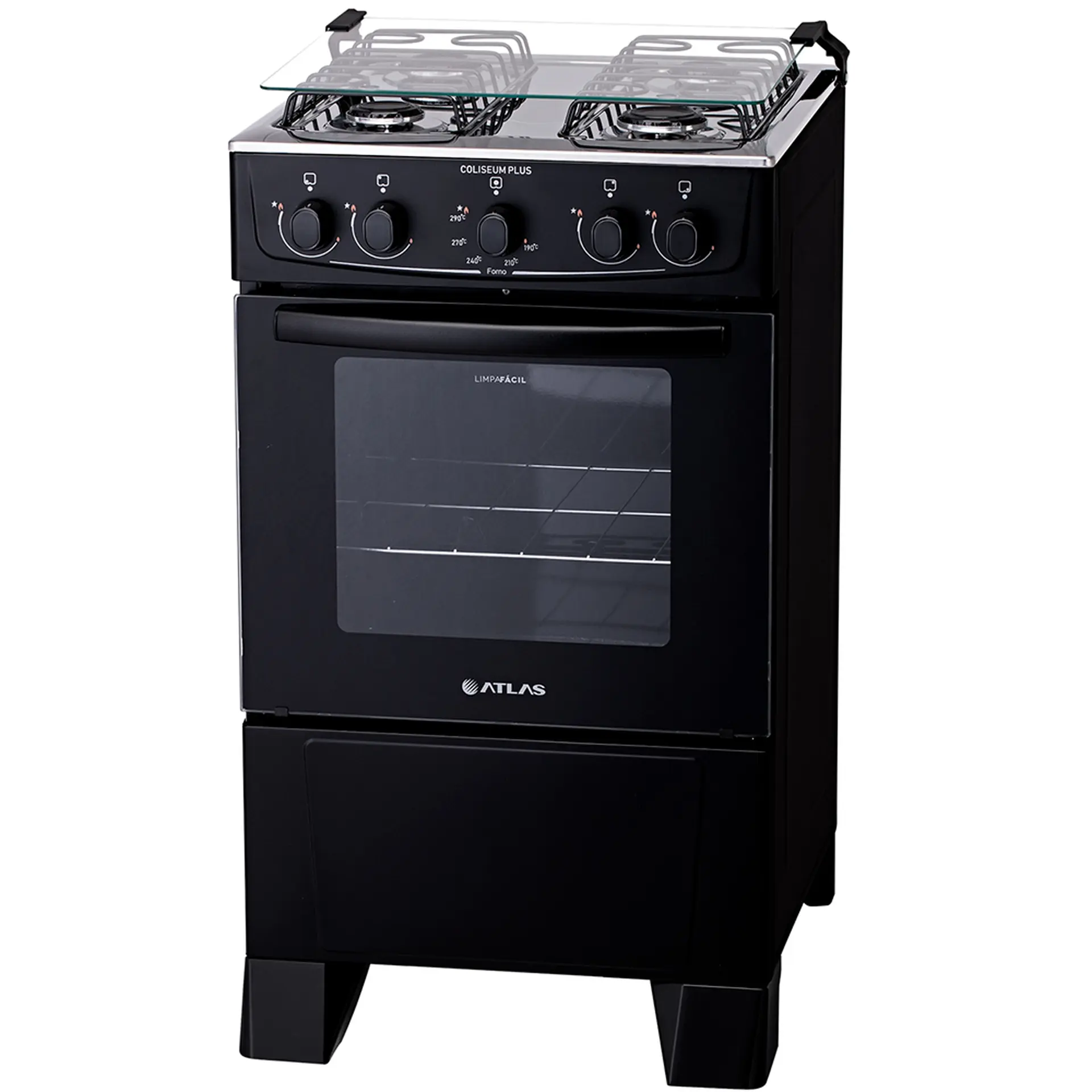 Fogão Atlas Coliseum Plus 4 Bocas Acendimento Manual Mesa de Inox Forno 50L - Preto
