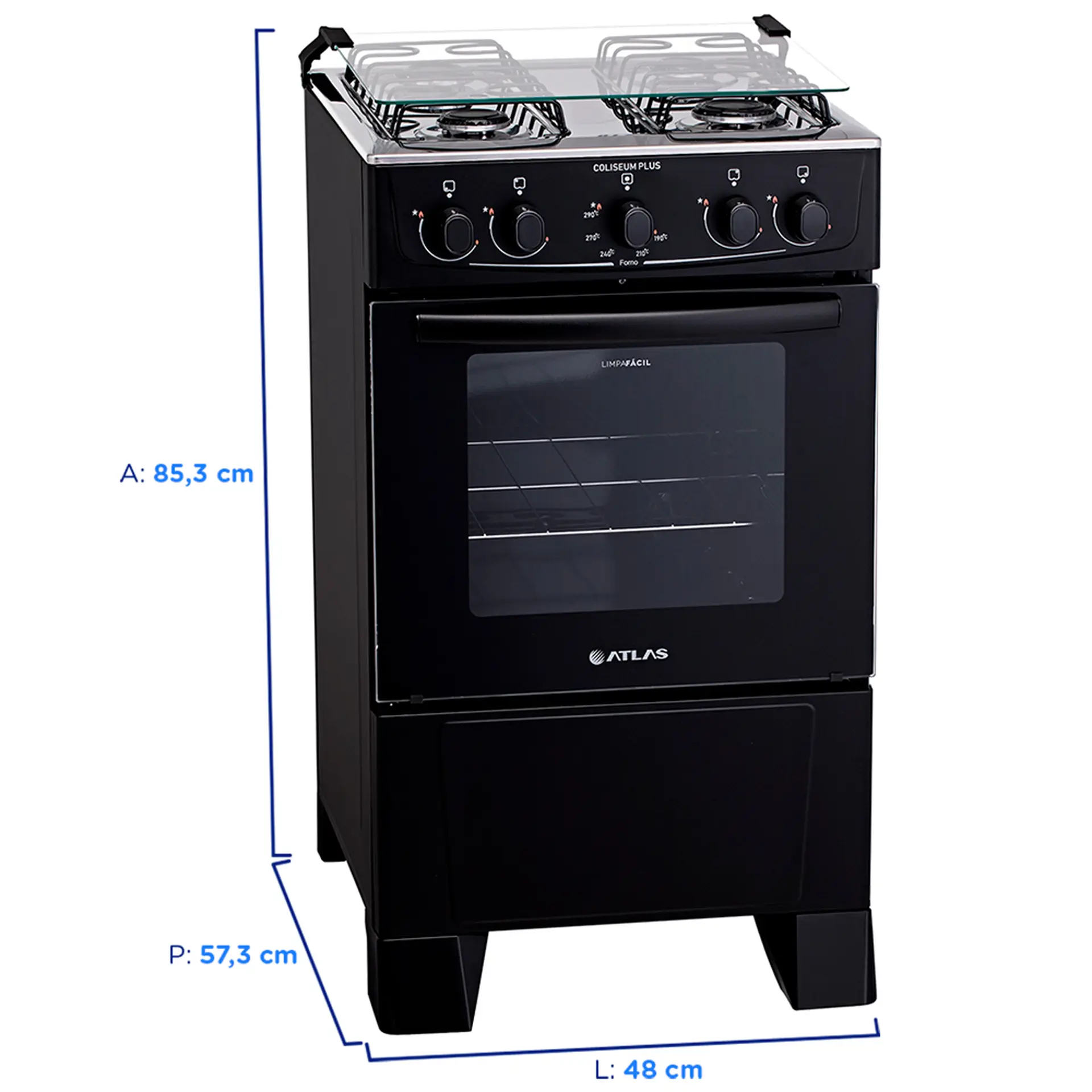 Fogão Atlas Coliseum Plus 4 Bocas Acendimento Manual Mesa de Inox Forno 50L - Preto