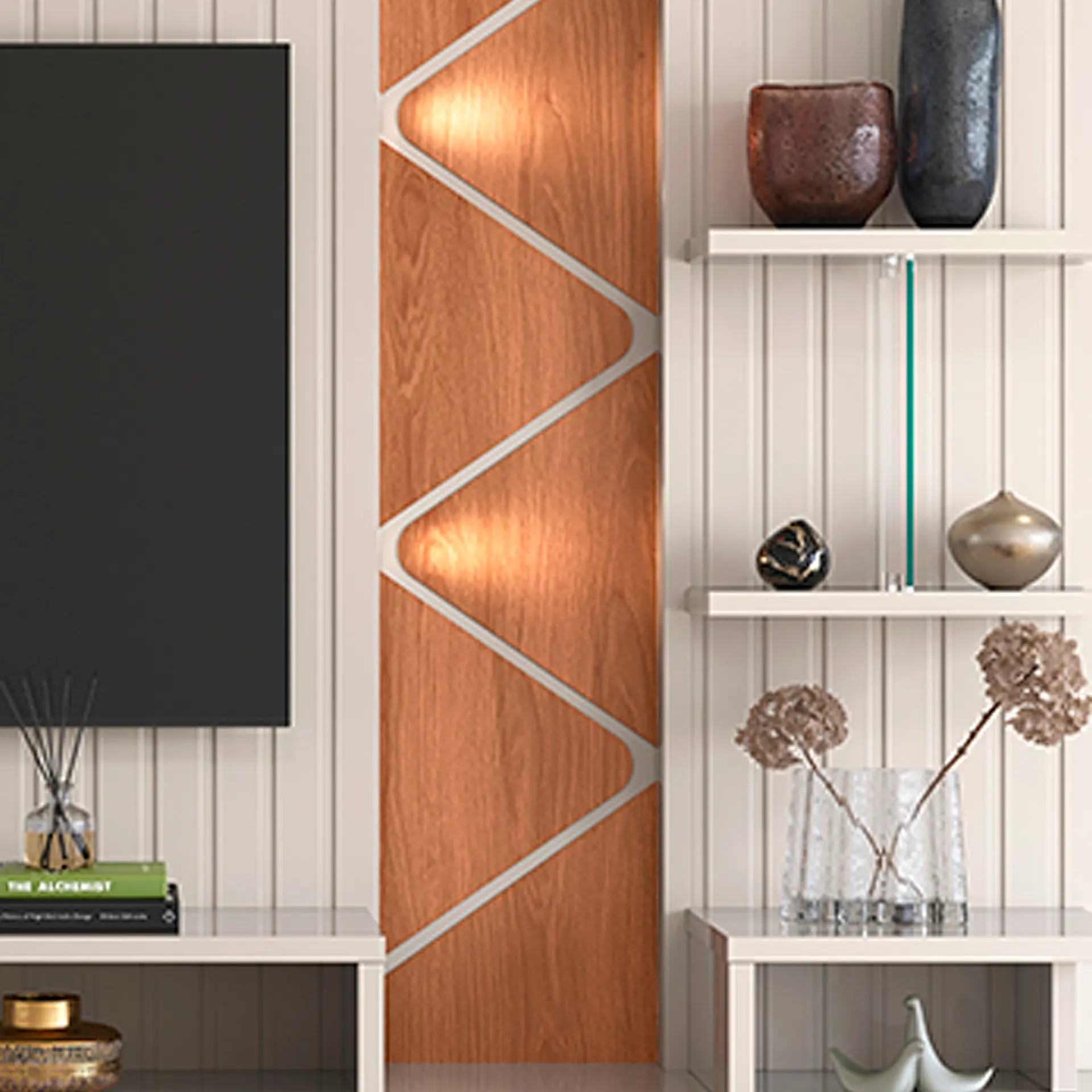 Estante Home para TV até 55" com LED Cross Lukaliam Rodízios Cromados - Off White Perolizado/ Jequitibá