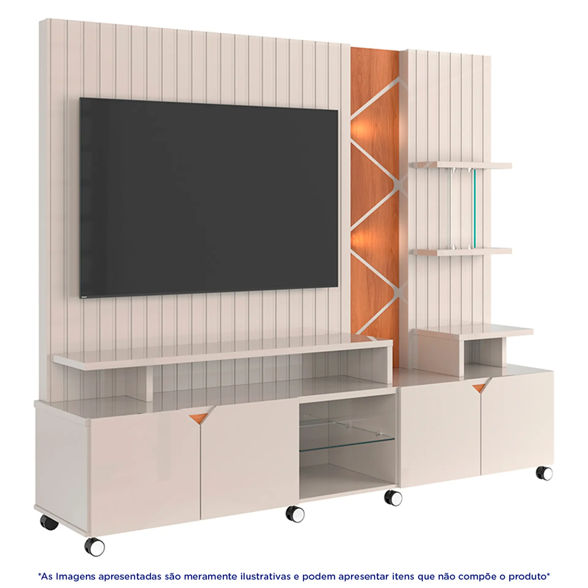Estante Home para TV até 55" com LED Cross Lukaliam Rodízios Cromados - Off White Perolizado/ Jequitibá