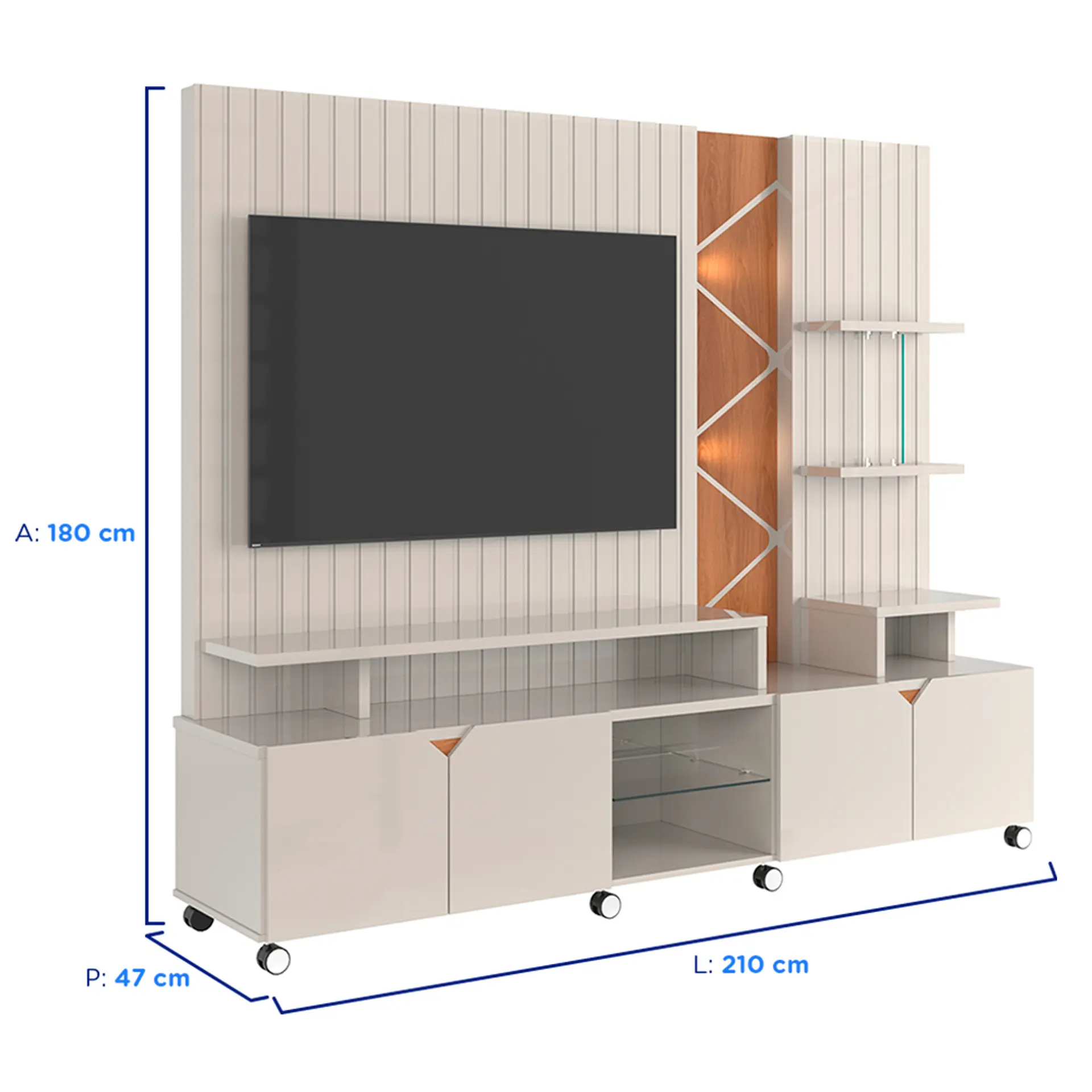 Estante Home para TV até 55" com LED Cross Lukaliam Rodízios Cromados - Off White Perolizado/ Jequitibá