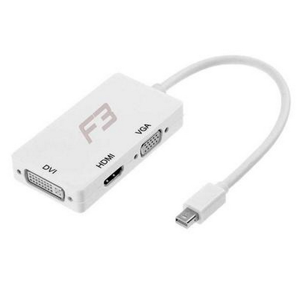 Conversor Mini DisplayPort Macho para HDMI/VGA/DVI Fêmea Branco F3 - 558/JC-MDP3IN1 - com cabo de 20cm