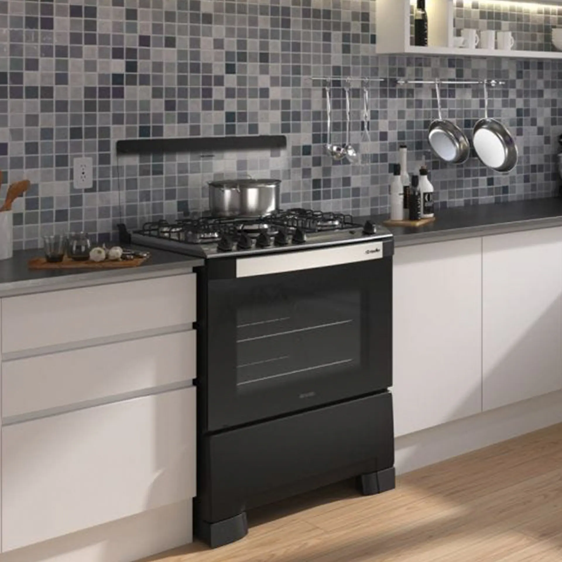 Fogão Mueller 5 Bocas Decorato G3 Automático Mesa de Inox Tripla Chama - Preto E Branco