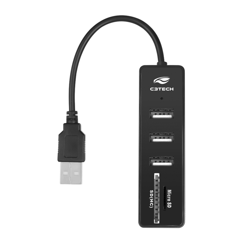 Hub USB 2.0 3 Portas + Leitor Micro SD + SD C3tech Preto - HU-L200BK