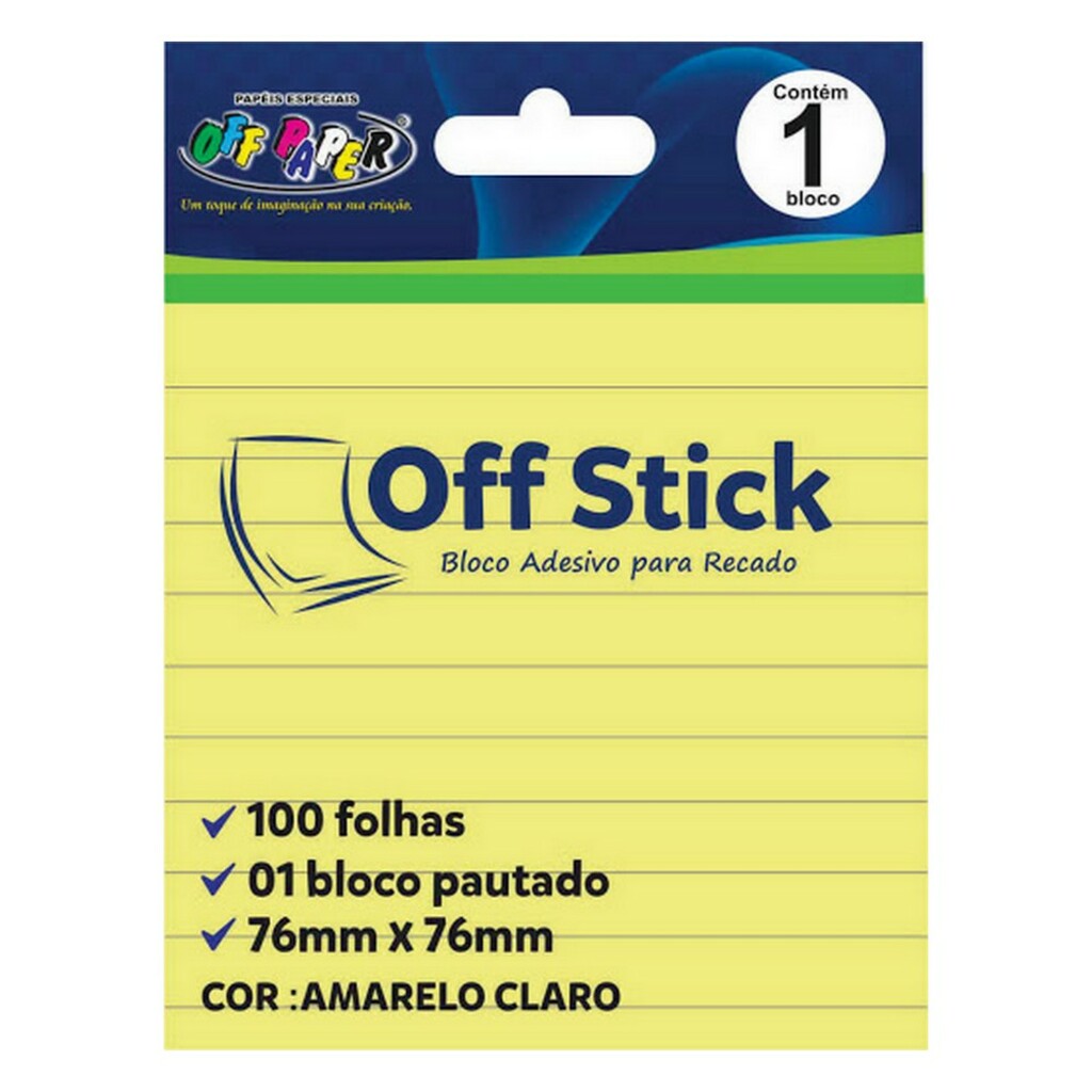 Bloco de Notas Adesivo 76x76mm com 1 Bloco de 100 Folhas Amarelo Pautado - Off Stick - 10504