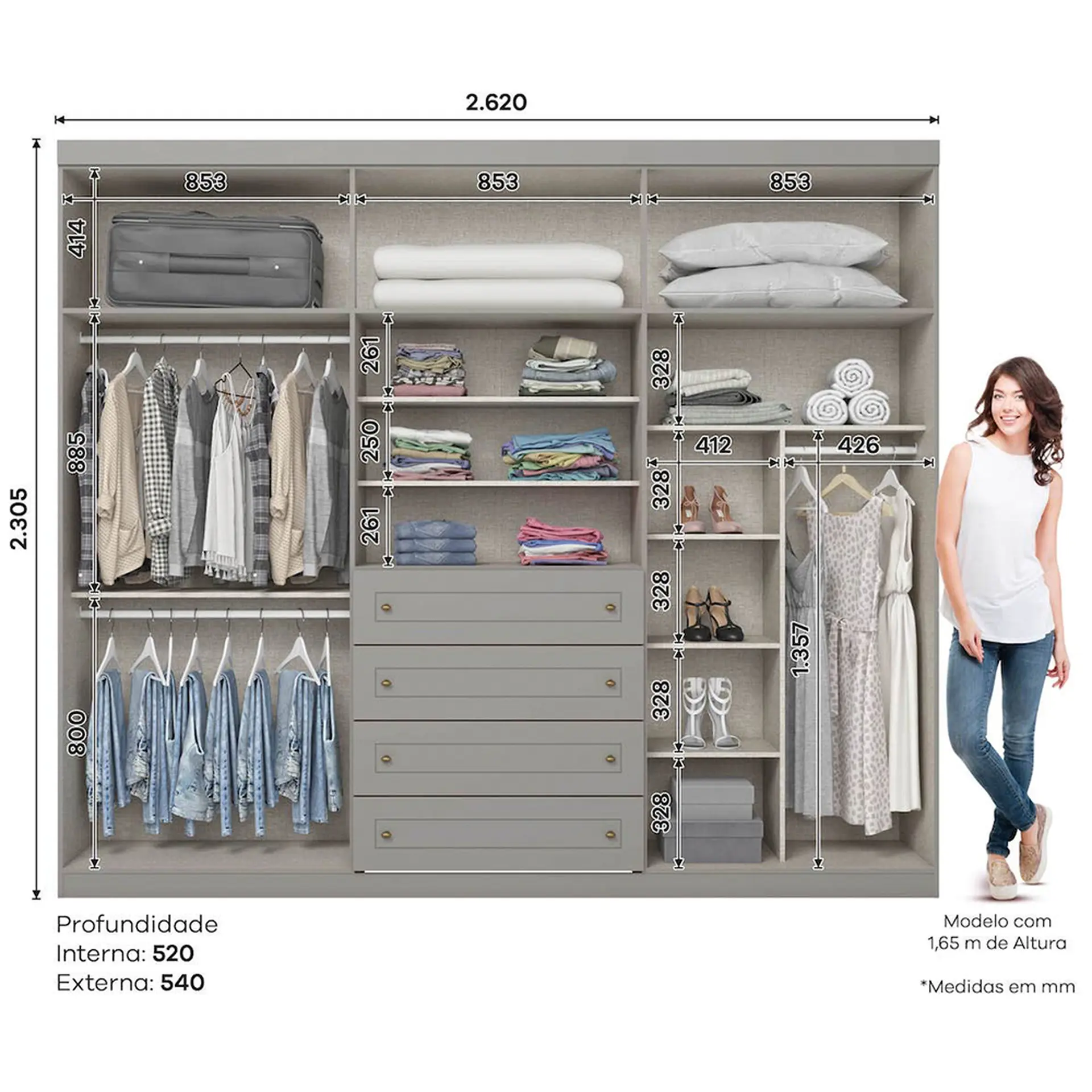 Guarda-Roupa Casal 6 Portas Bater 4 Gavetas Americano Henn Roupeiro - Cinza