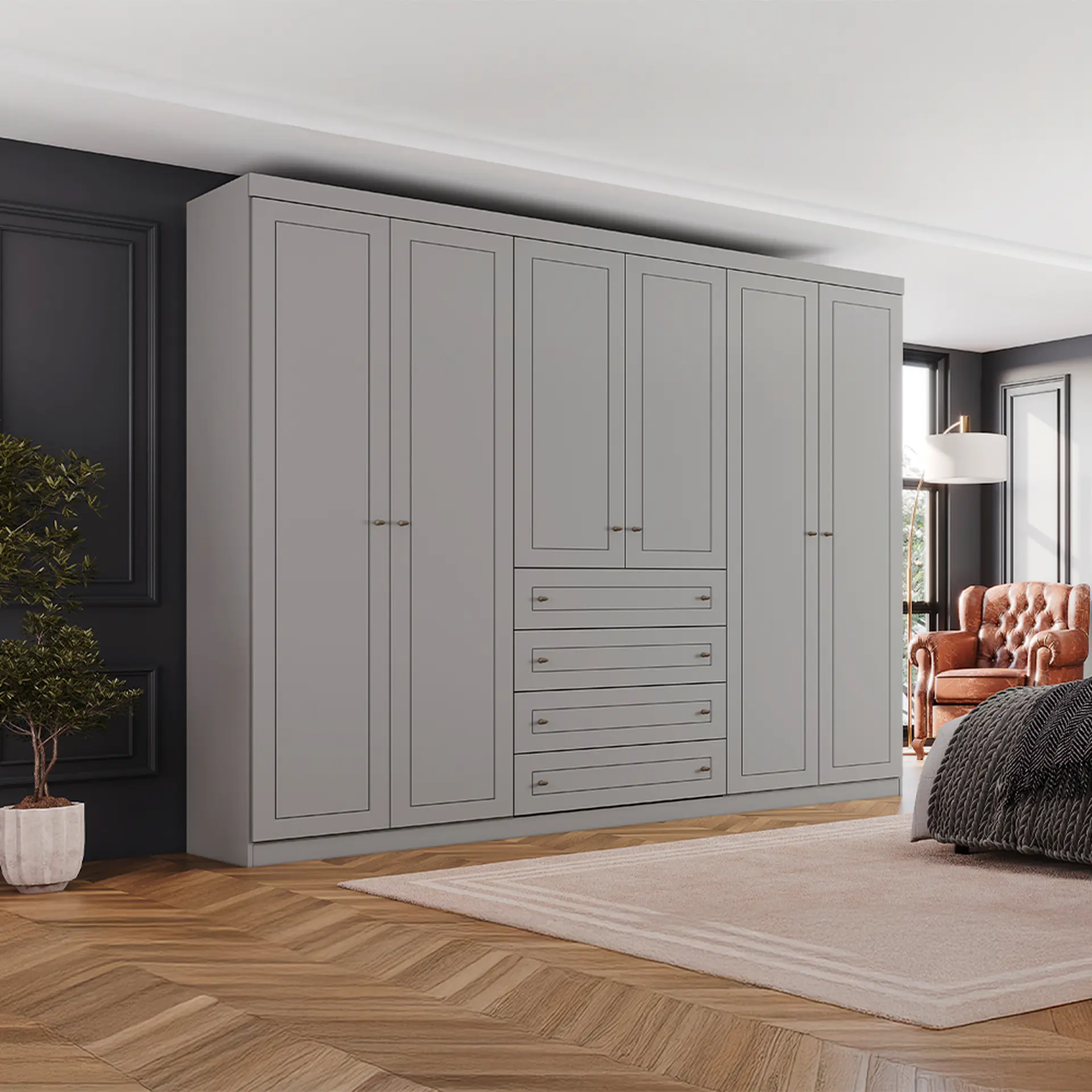 Guarda-Roupa Casal 6 Portas Bater 4 Gavetas Americano Henn Roupeiro - Cinza