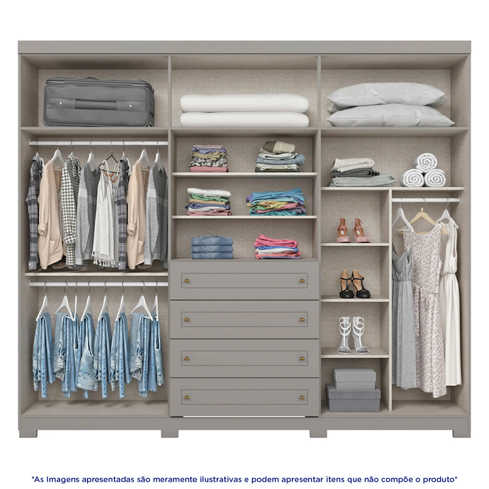 Guarda-Roupa Casal 6 Portas Bater 4 Gavetas Americano Henn Roupeiro - Cinza