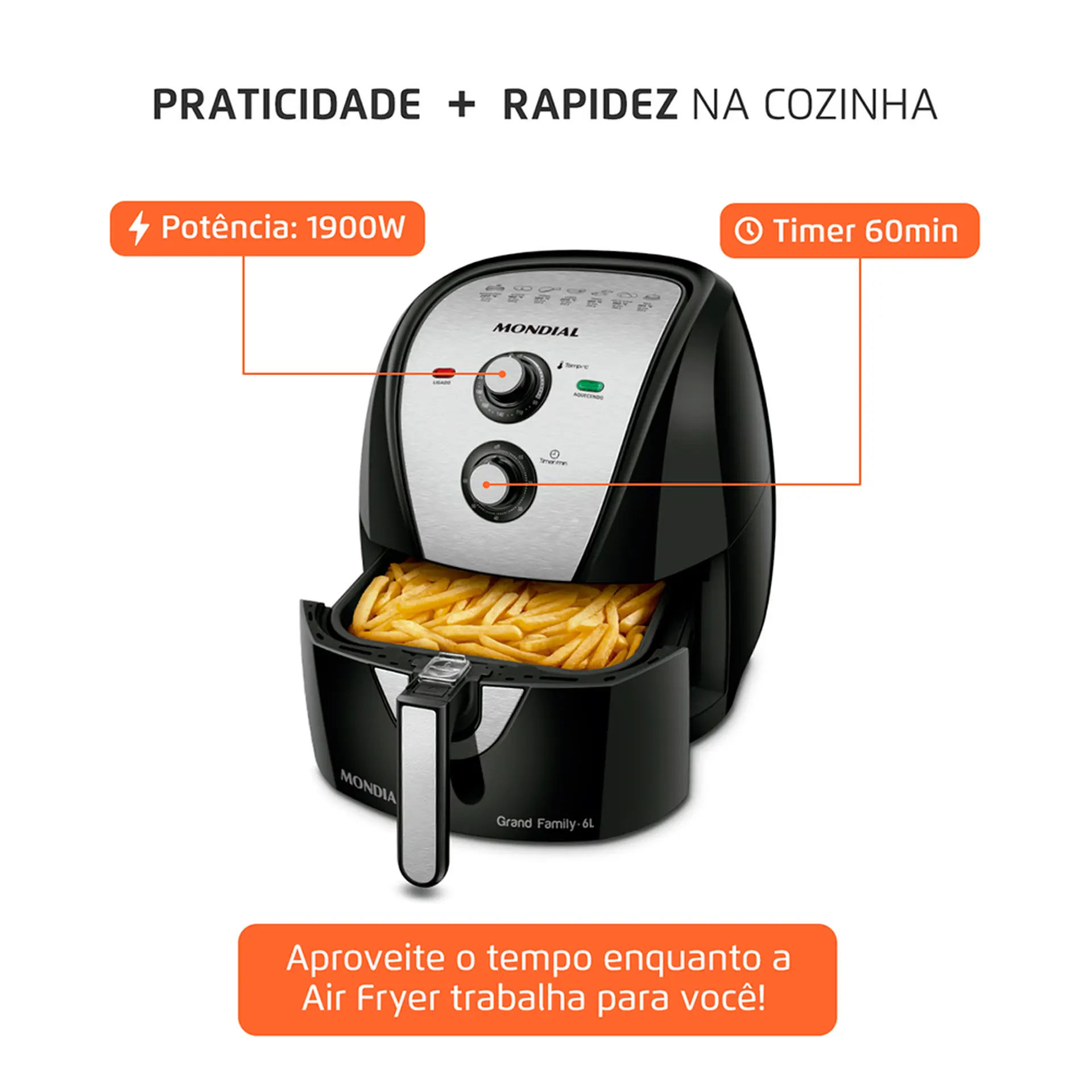 Fritadeira Elétrica Air Fryer Mondial AFN-60-BI 6L 1900W - Preto/Inox - 110 Volts