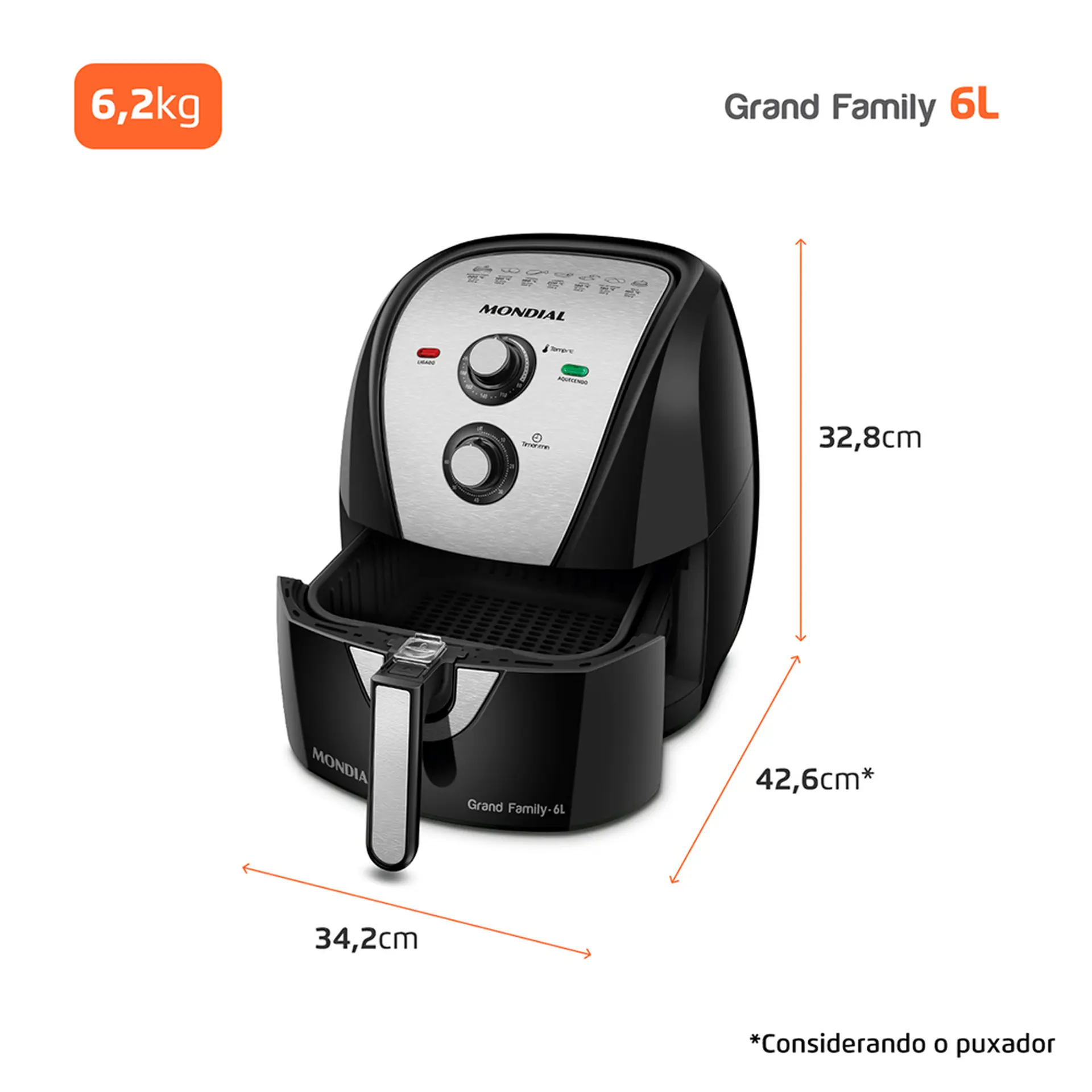 Fritadeira Elétrica Air Fryer Mondial AFN-60-BI 6L 1900W - Preto/Inox - 110 Volts